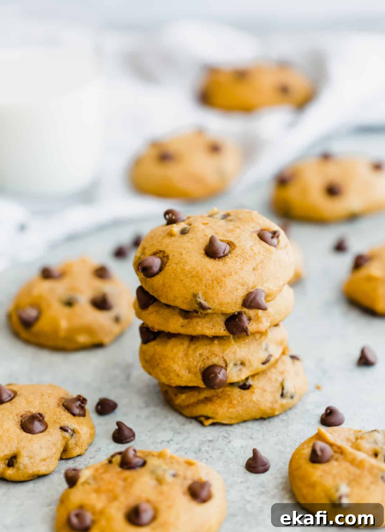 Spiced Pumpkin Chocolate Chip Delights 16 A beautifully arranged stack of 4 soft pumpkin chocolate chip cookies, with loose chocolate chips scattered artfully around them, tempting taste buds.