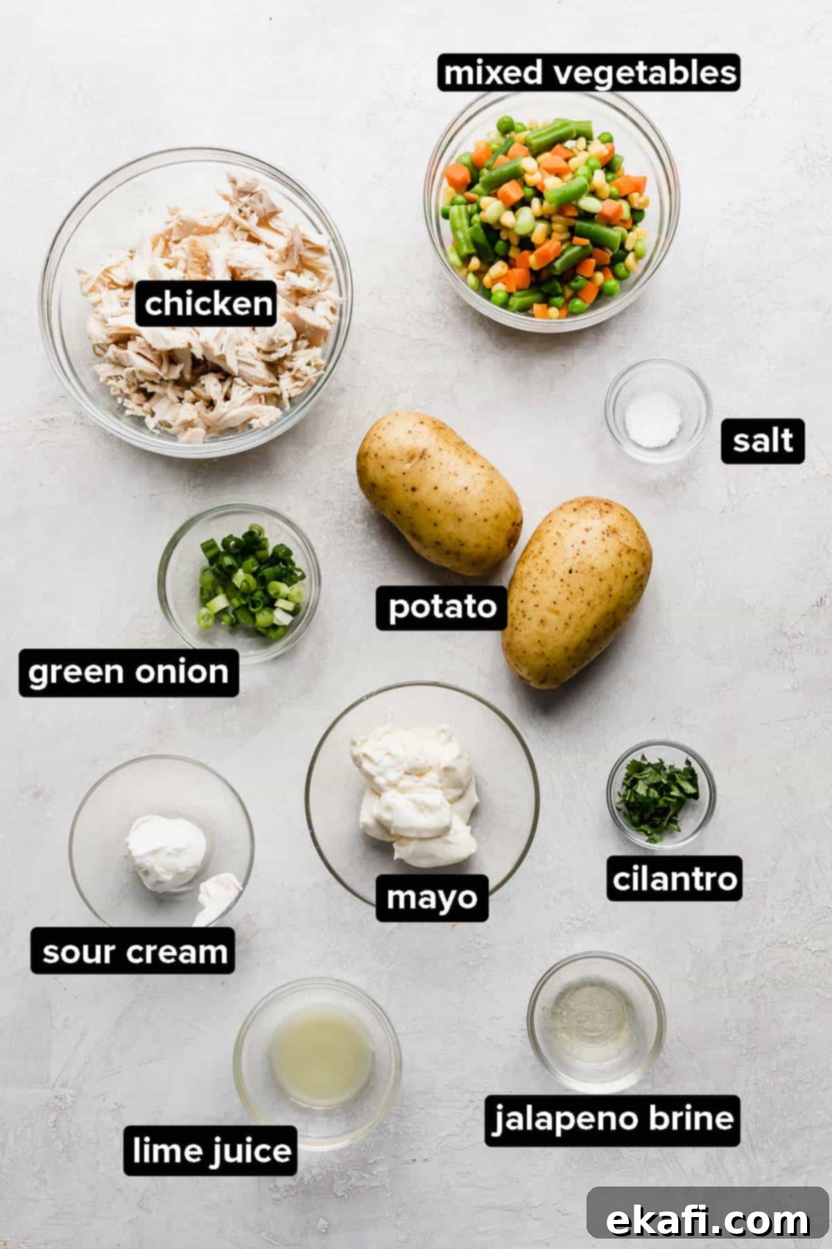 Mexican Chicken Salad 3 Ensalada de Pollo (Mexican Chicken Salad) ingredients on a light grey background.