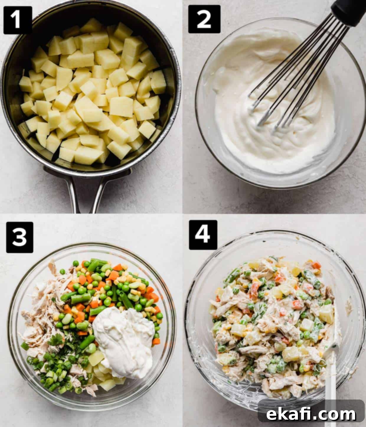 Mexican Chicken Salad 4 A four photo collage showing how to make Mexican chicken salad tostadas: diced potatoes in a black pot, mayo mixture in a glass bowl, Mexican chicken salad before storing, and then after stirring.