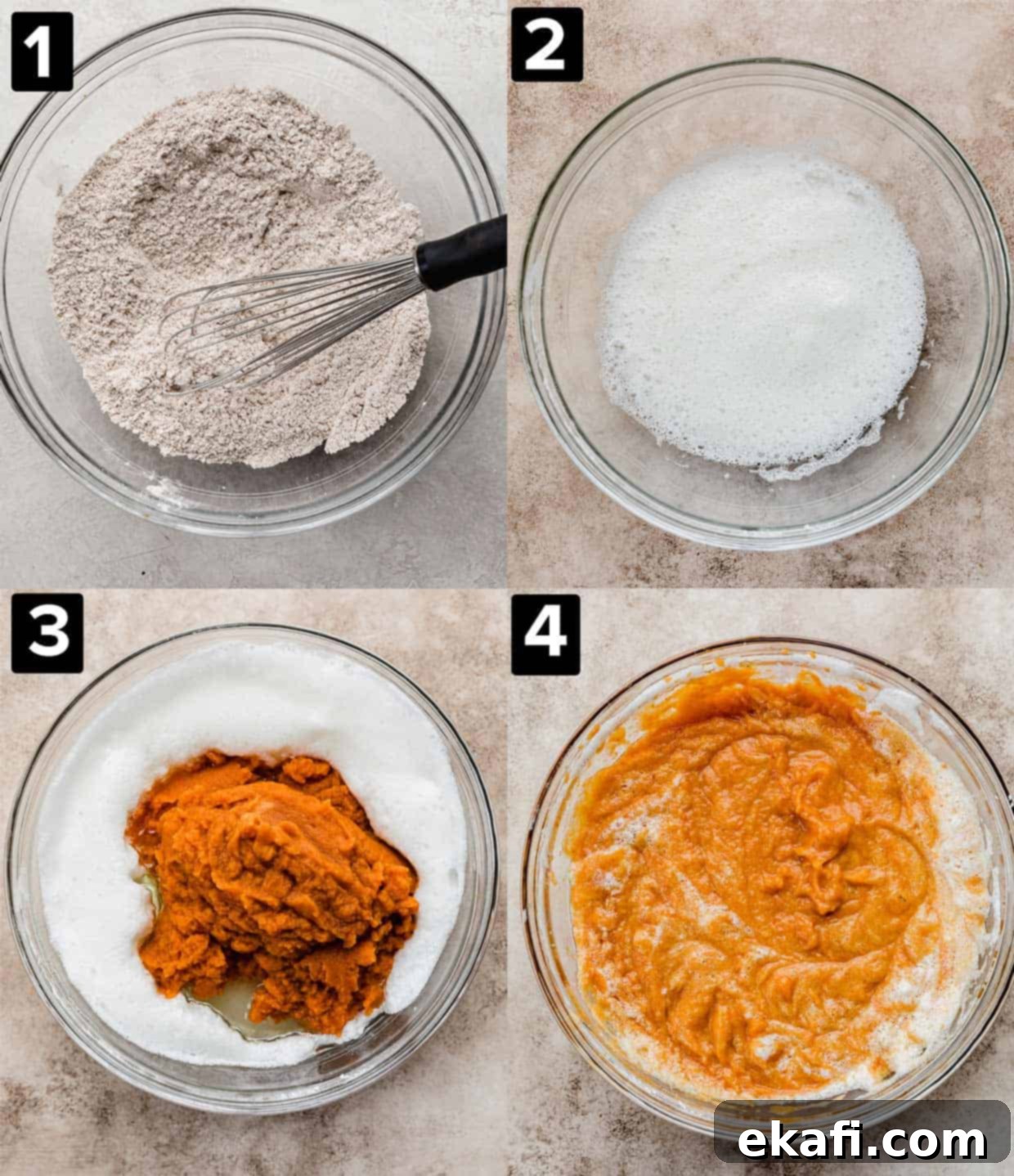 Golden Pumpkin Spice Bars 5 A four-photo collage illustrating the initial steps of making Libby's Pumpkin Bars: mixing dry ingredients in a glass bowl, then combining wet ingredients like pumpkin puree, eggs, and oil in a stand mixer.
