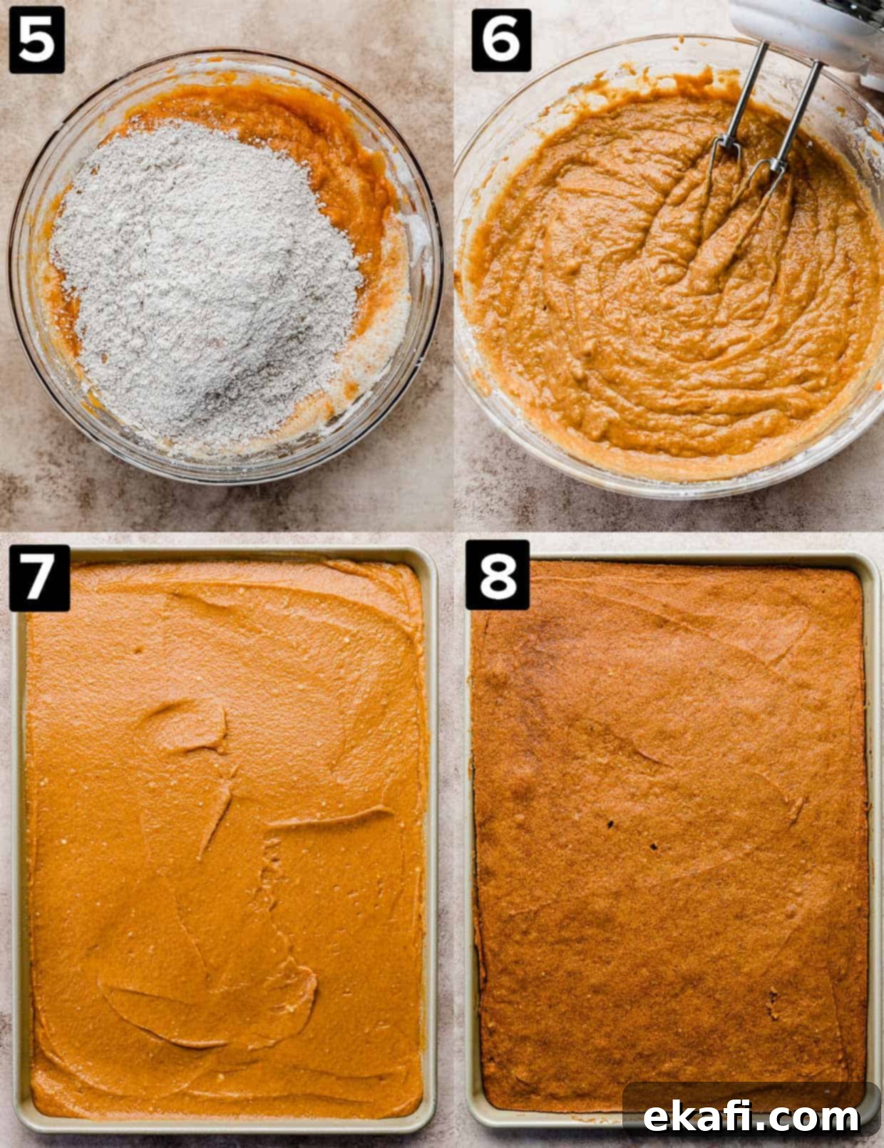 Golden Pumpkin Spice Bars 6 A collage of four images showing the baking process: dry ingredients with pumpkin puree, mixing the batter, spreading batter in a sheet pan, and the final baked pumpkin bars.