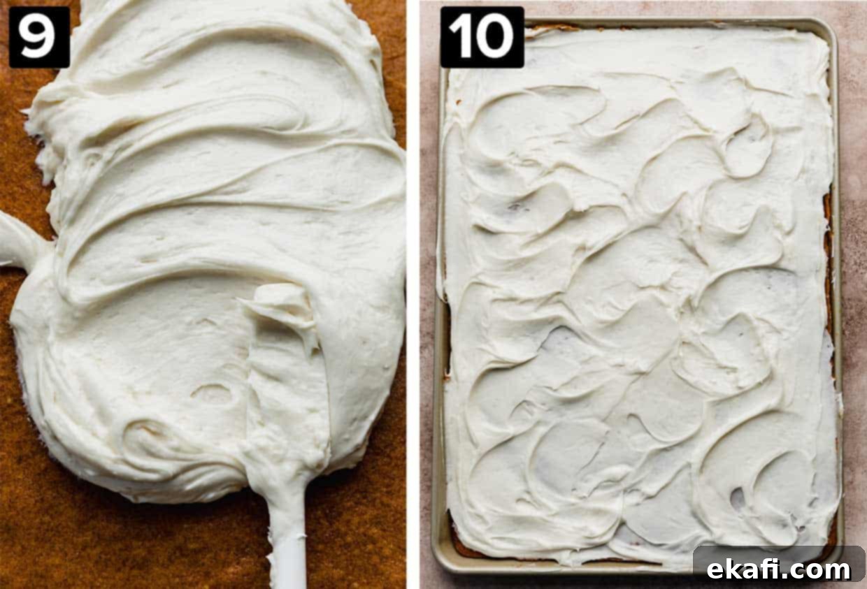 Golden Pumpkin Spice Bars 7 Two side-by-side photos: one showing cream cheese frosting being spread on a baked pumpkin sheet cake, and the other an overhead shot of the finished pumpkin bars with frosting, ready for cutting.