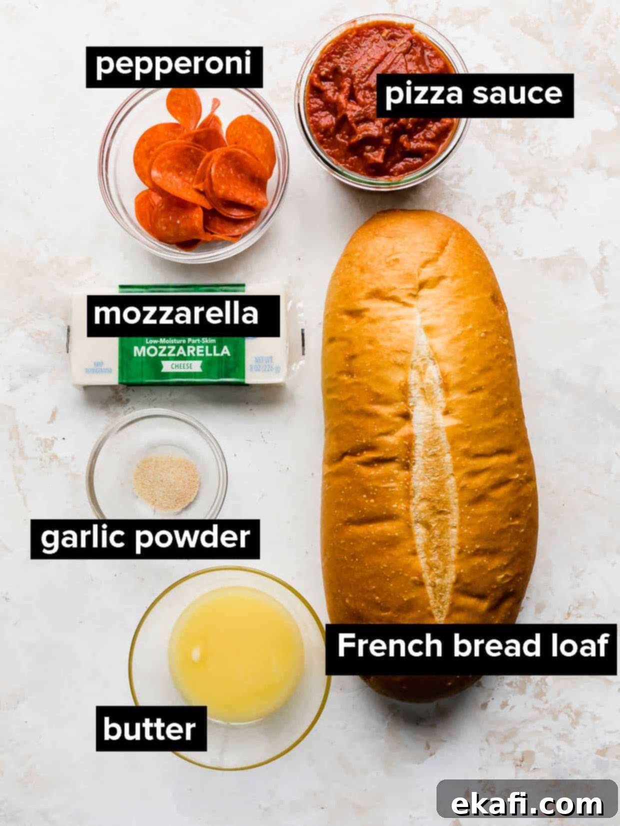 French Bread Pizza 3 Ingredients used to make French bread pizza.