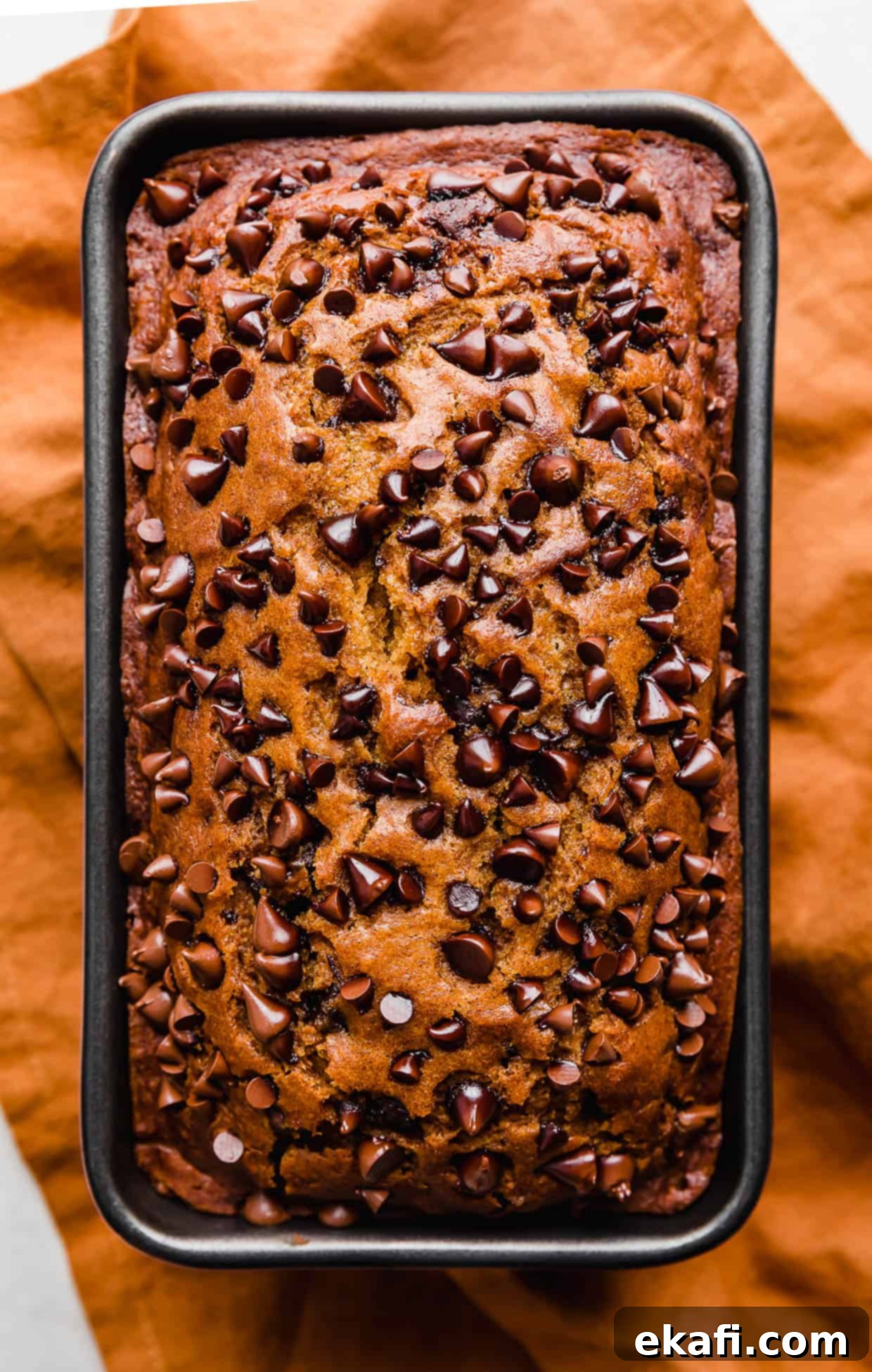 Spiced Chocolate Chip Pumpkin Loaf 7 Baked Pumpkin Chocolate Chip Bread, still in its loaf pan, resting on a burnt orange napkin.