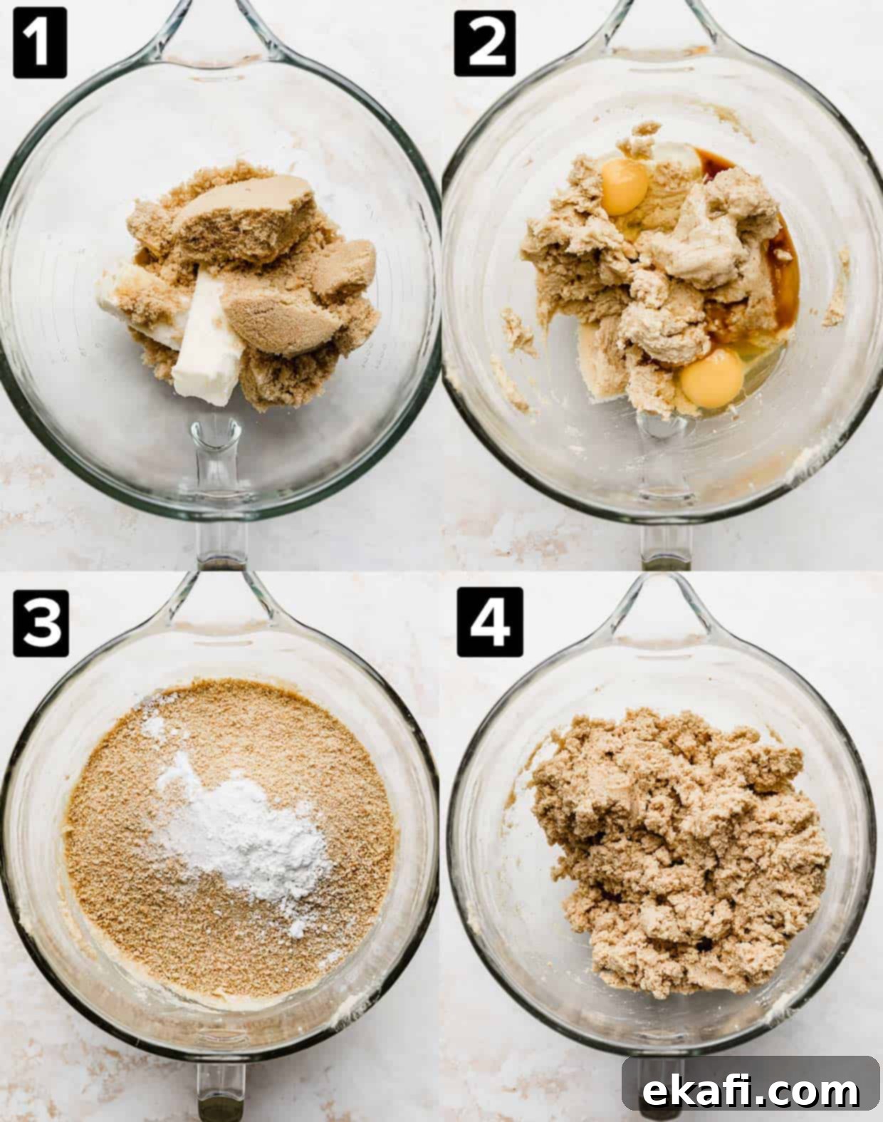 Sweet Graham Cracker Delights 4 Four photos showing the process to make Graham Cracker Cookies using a glass mixing bowl.