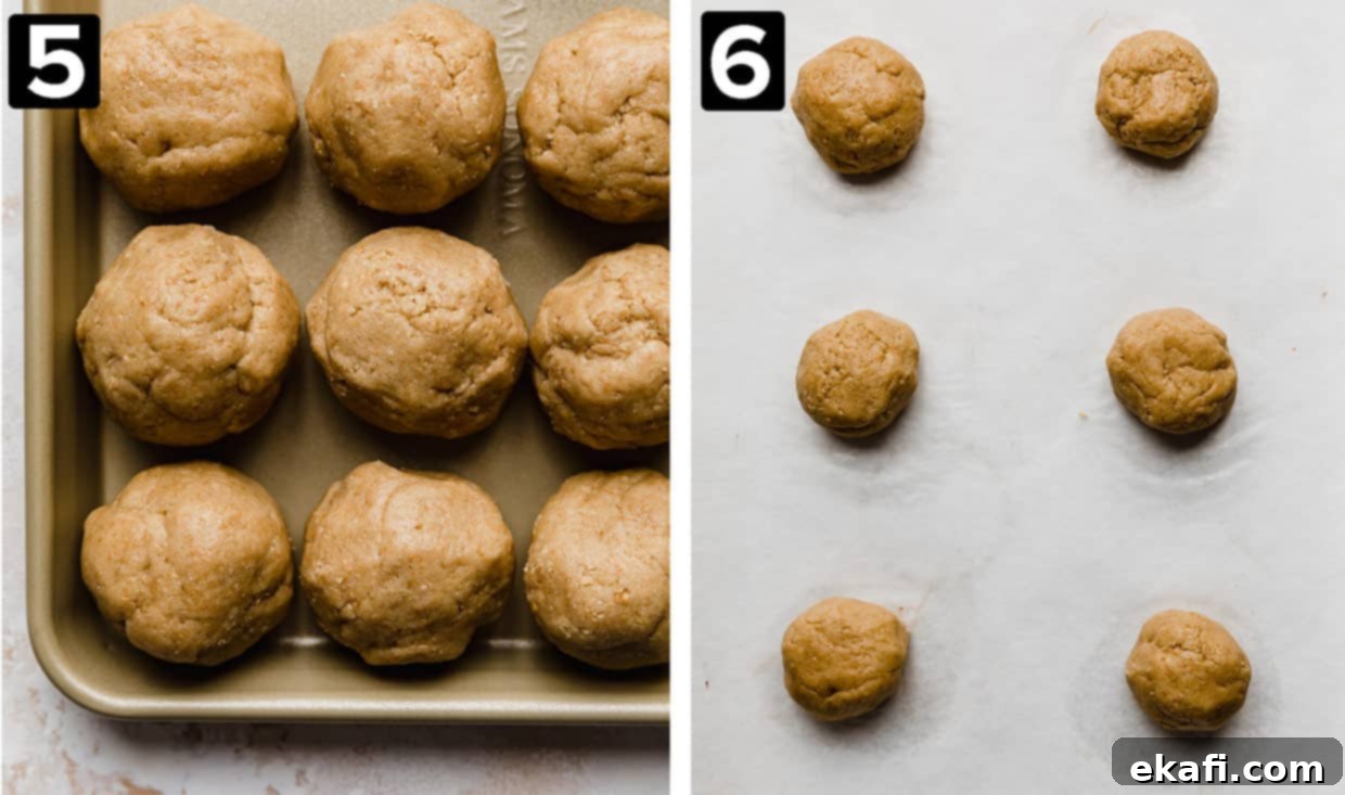 Sweet Graham Cracker Delights 5 Two photos: left is Graham Cracker Cookie dough balls on a bronze baking sheet, right photo shows six dough balls on a white parchment paper.