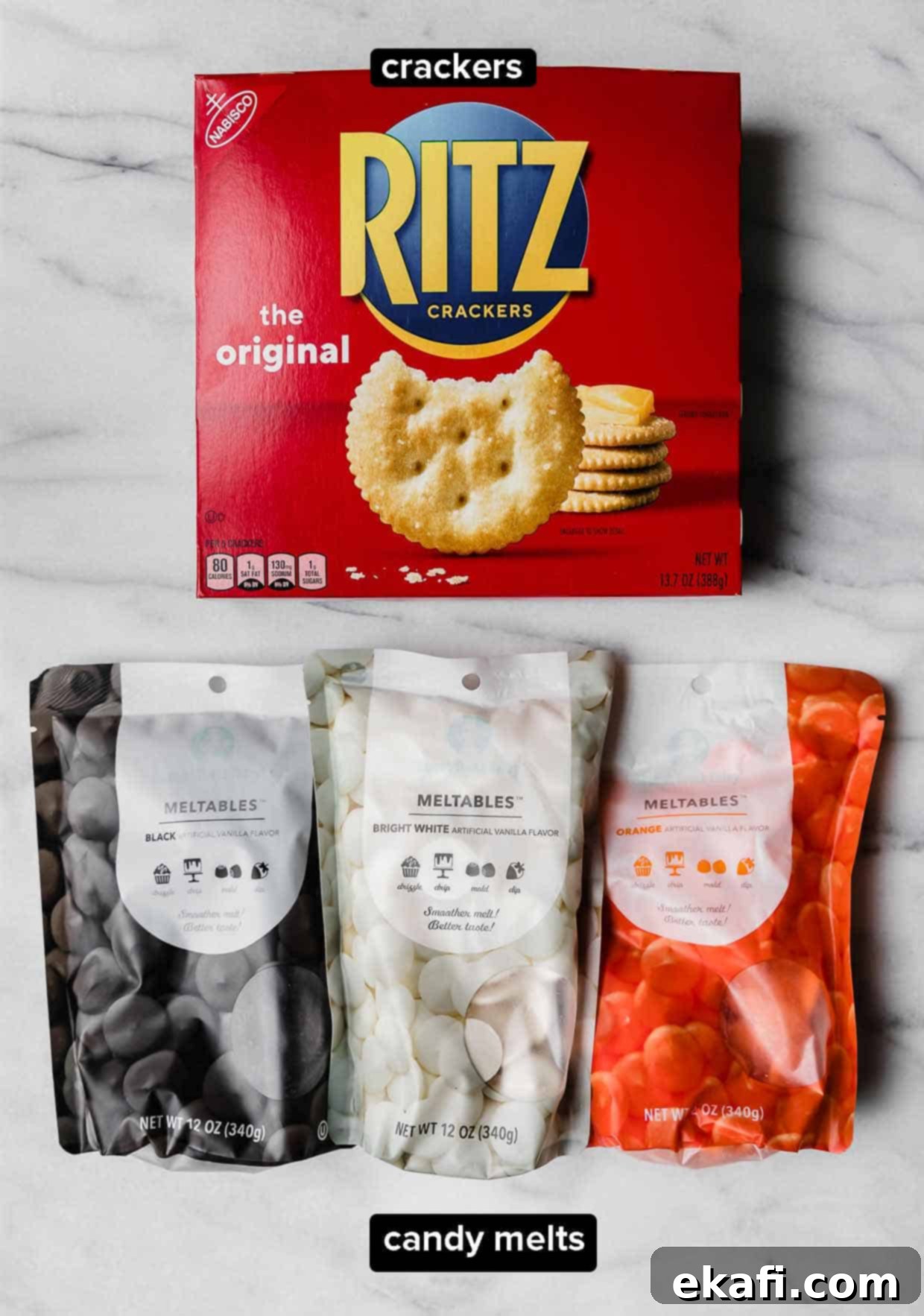 Haunted Snaps 3 Halloween Cracker ingredients on a white background: Ritz crackers and black, white, and orange melting chocolate.