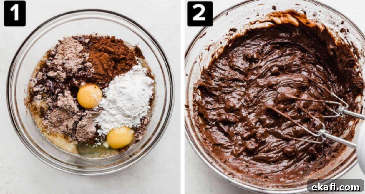 Crumbl's Signature Brownie Batter Cookies 4 Two photos showing how to make brownie batter cookies: left has eggs and dry ingredients in glass bowl, right is brownie batter in bowl mixed together.