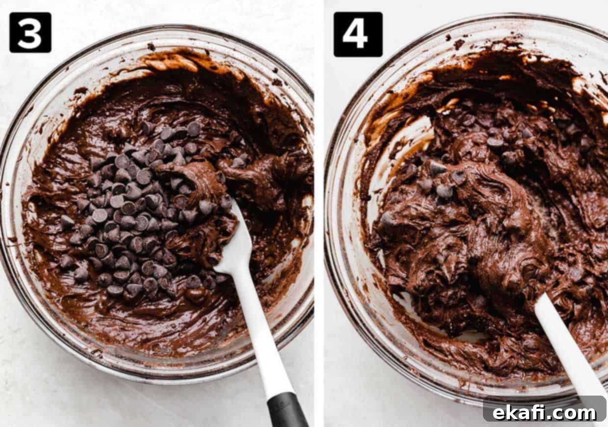 Crumbl's Signature Brownie Batter Cookies 5 Two photos: left has chocolate chips on top of brownie batter cookie dough, right photo the chocolate chips are mixed into the brownie batter dough.