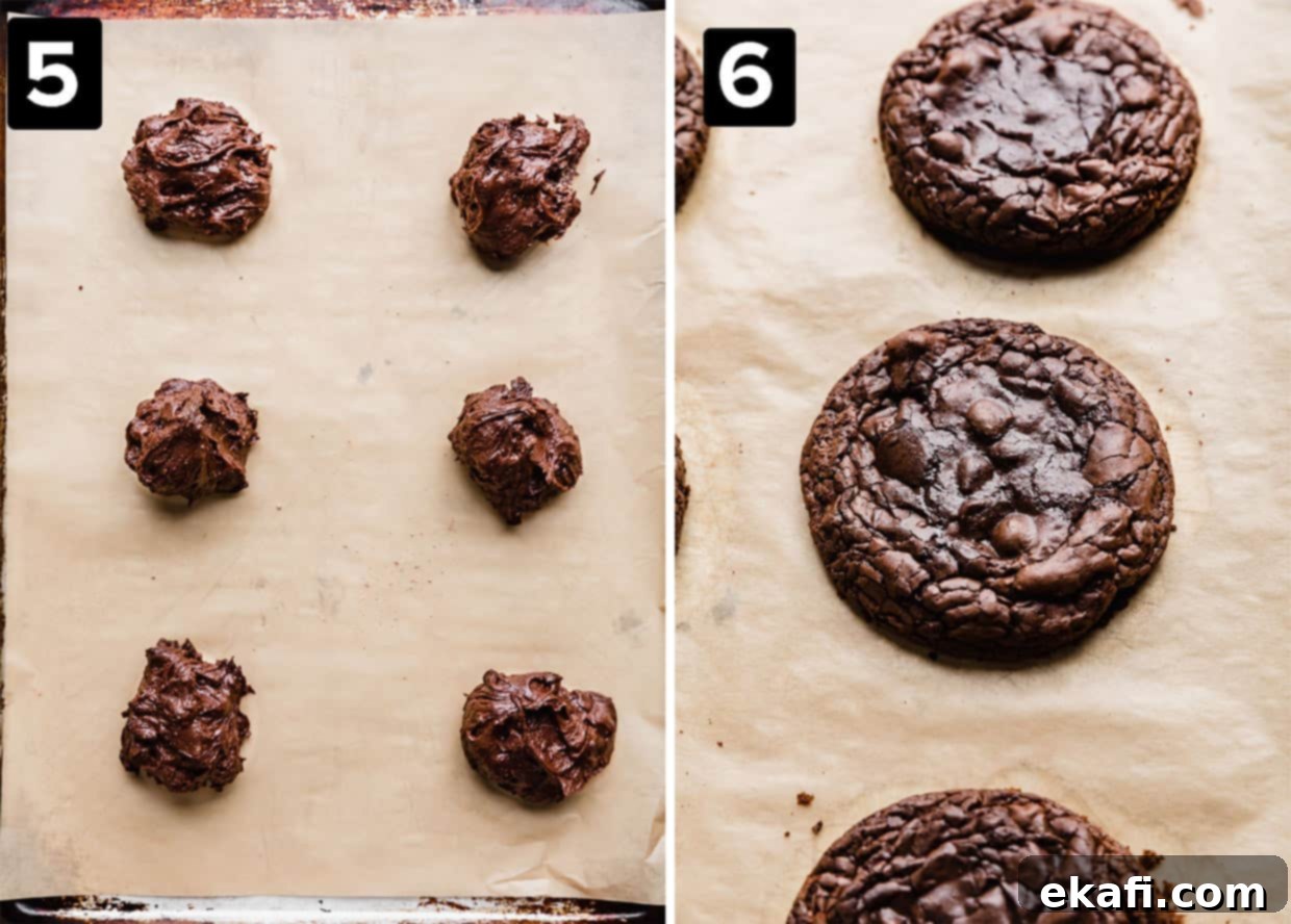 Crumbl's Signature Brownie Batter Cookies 6 Two photos: left shows six Crumbl Brownie Batter Cookie dough balls on baking sheet, right photo is a single baked Crumbl Brownie Batter Cookie.