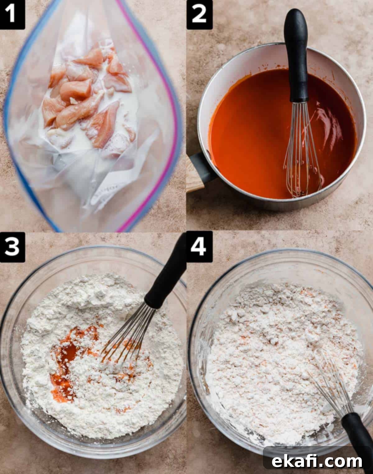 Fiery Buffalo Chicken Poppers 5 Top left photo: raw cubed chicken in a bag with buttermilk. Top right photo is hot sauce in a saucepan. Bottom left photo is hot sauce in a bowl of cornstarch. Bottom right photo a whisk stirring Buffalo Chicken Bites cornstarch mixture.
