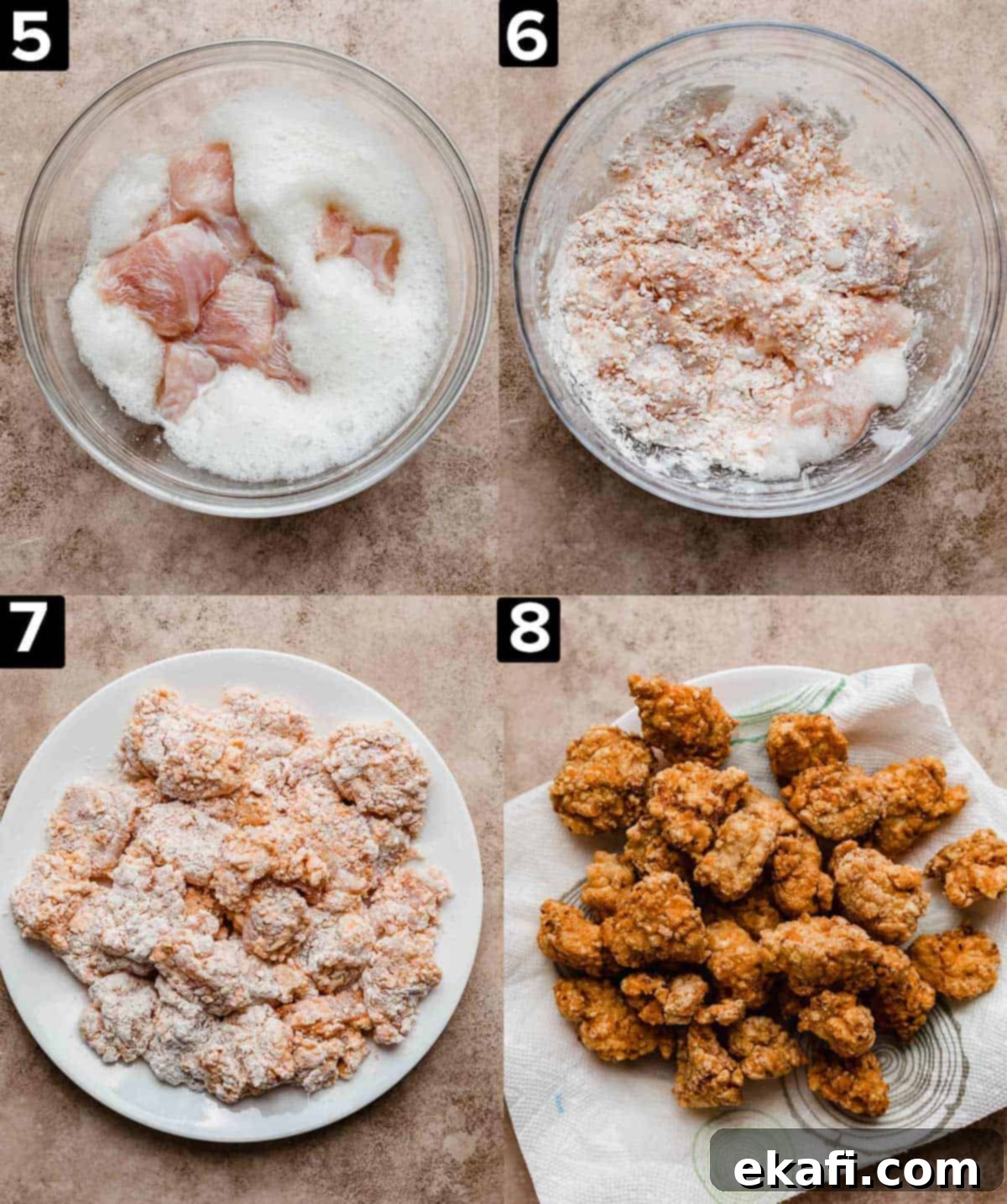 Fiery Buffalo Chicken Poppers 6 Four images showing raw chicken in egg whites, dredged in a flour mixture, then fried to a golden crisp.