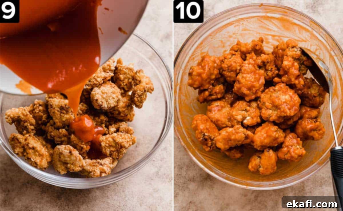 Fiery Buffalo Chicken Poppers 7 Left photo shows a red buffalo sauce being poured over fried chicken bites, right photo is Buffalo Chicken Bites in a glass bowl tossed with buffalo sauce, ready to serve.