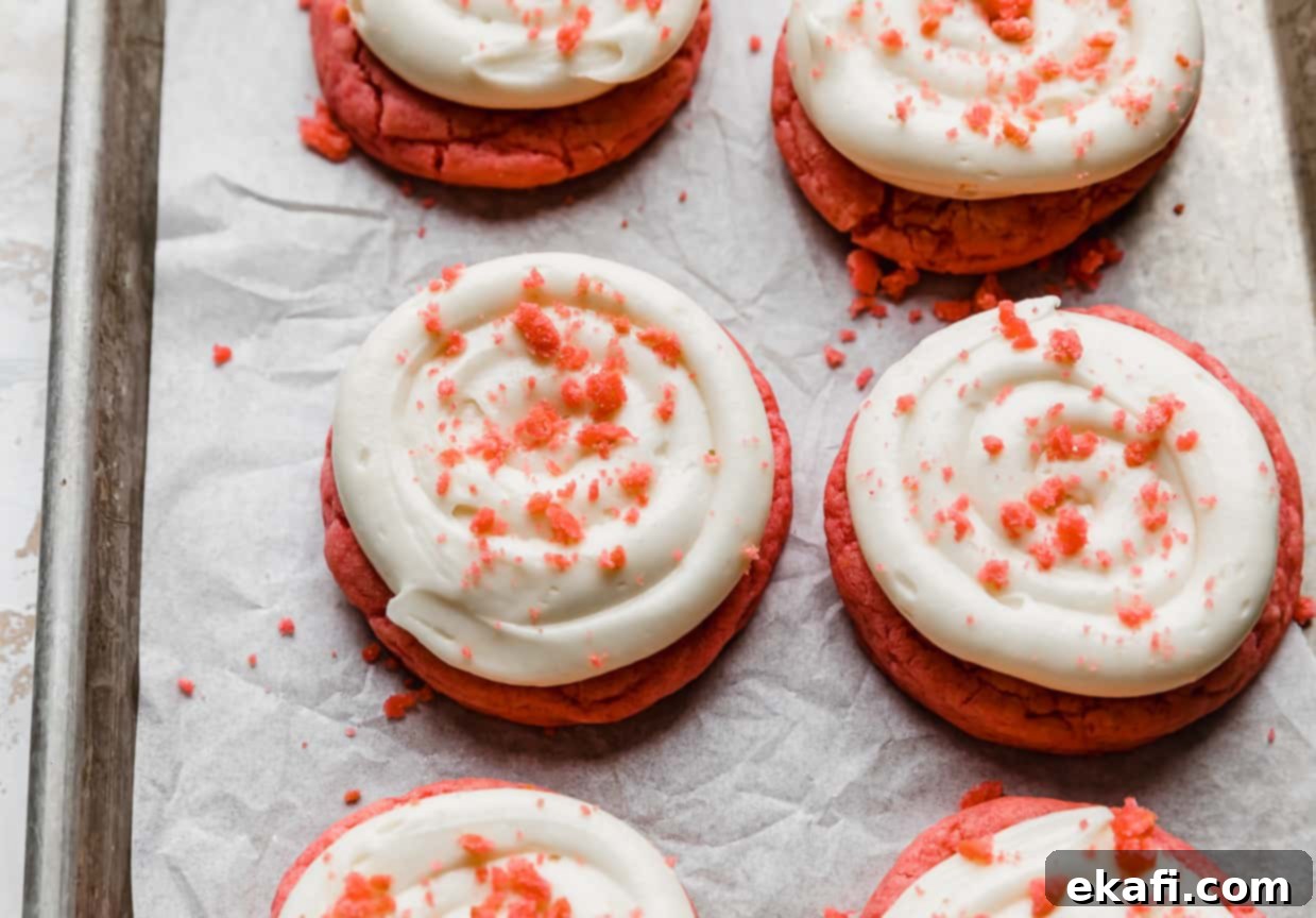 Blush Velvet Crumbl Delights 3 Crumbl Pink Velvet Cookies topped with frosting and pink velvet crumbs, on a white parchment lined baking sheet.