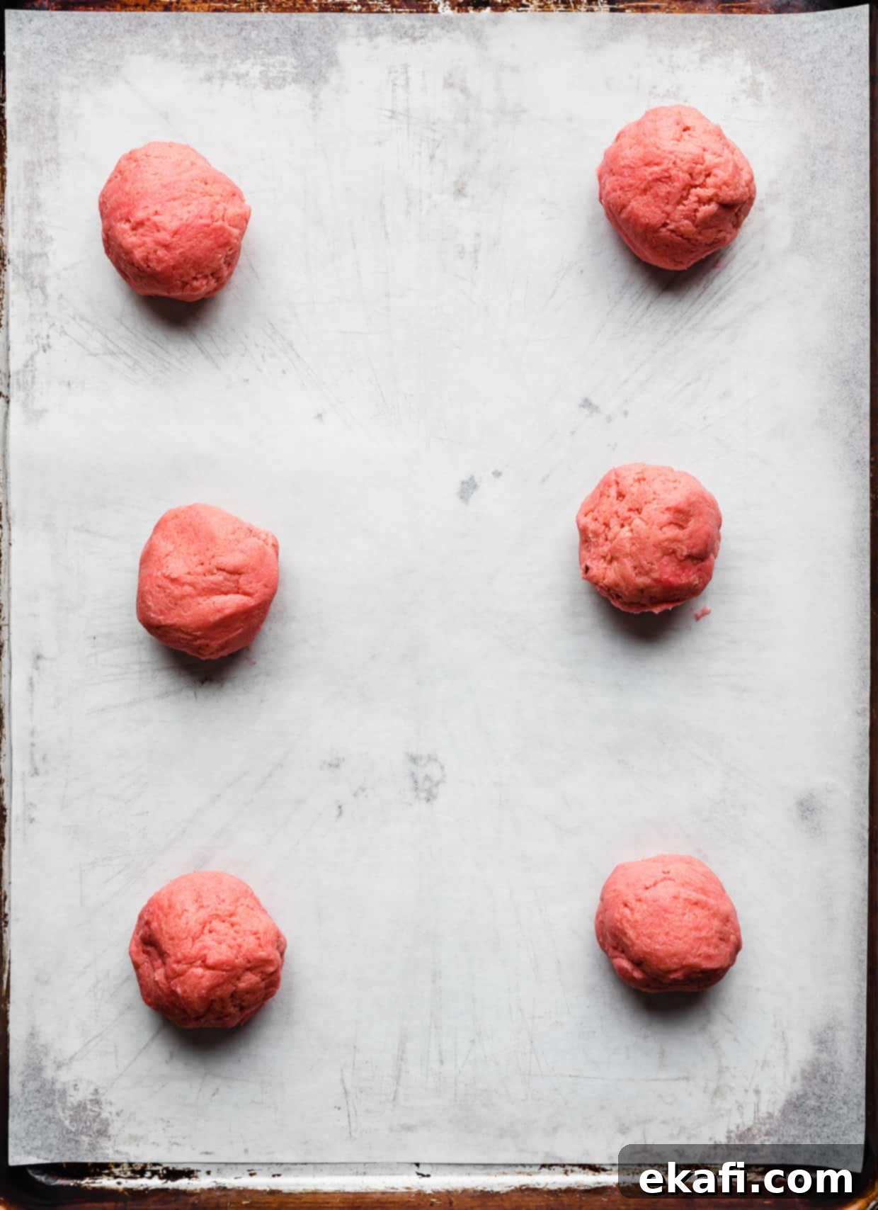 Blush Velvet Crumbl Delights 7 Six pink velvet cookie dough balls on a. white parchment lined baking sheet.