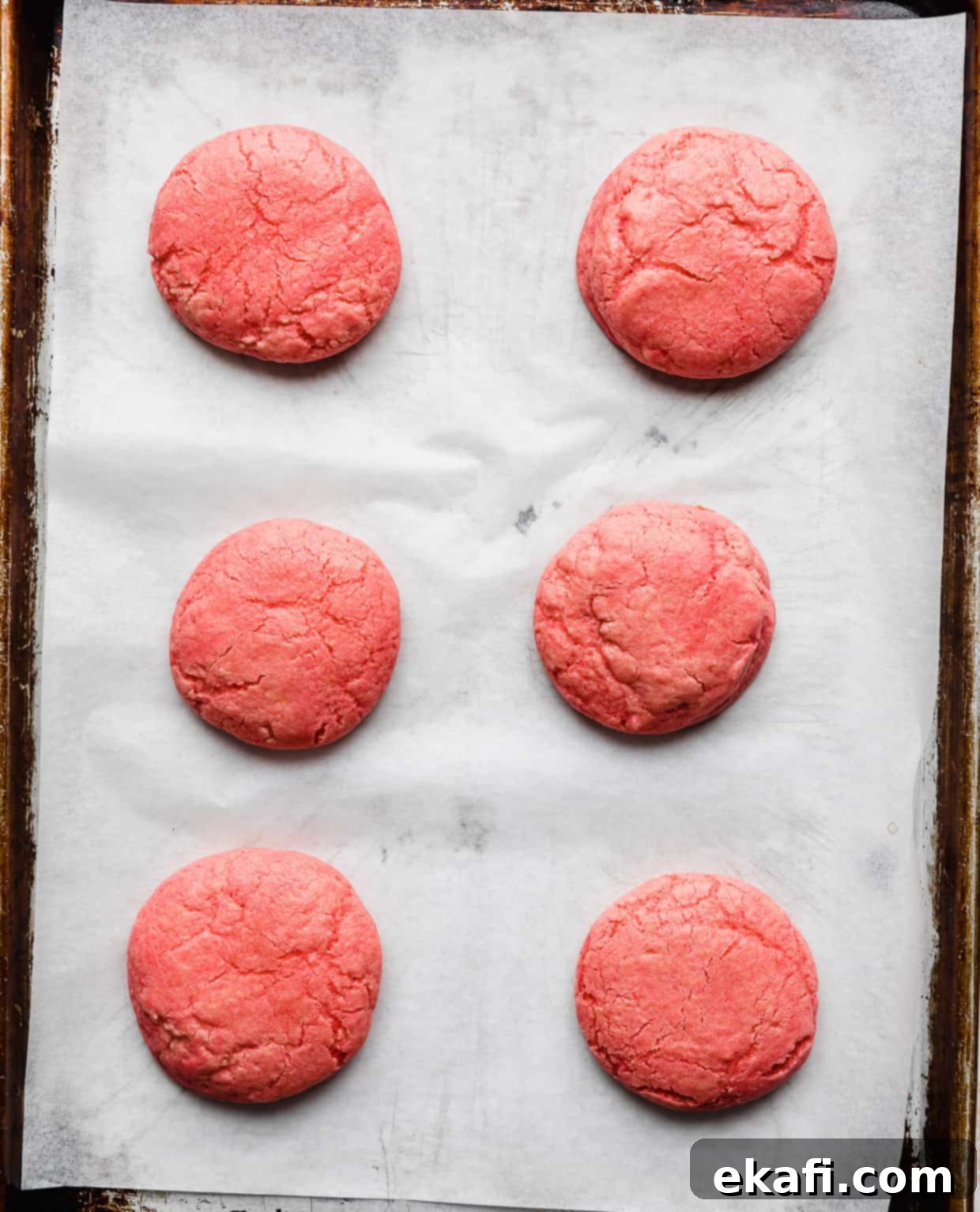 Blush Velvet Crumbl Delights 8 Six pink velvet cookies on a baking sheet.