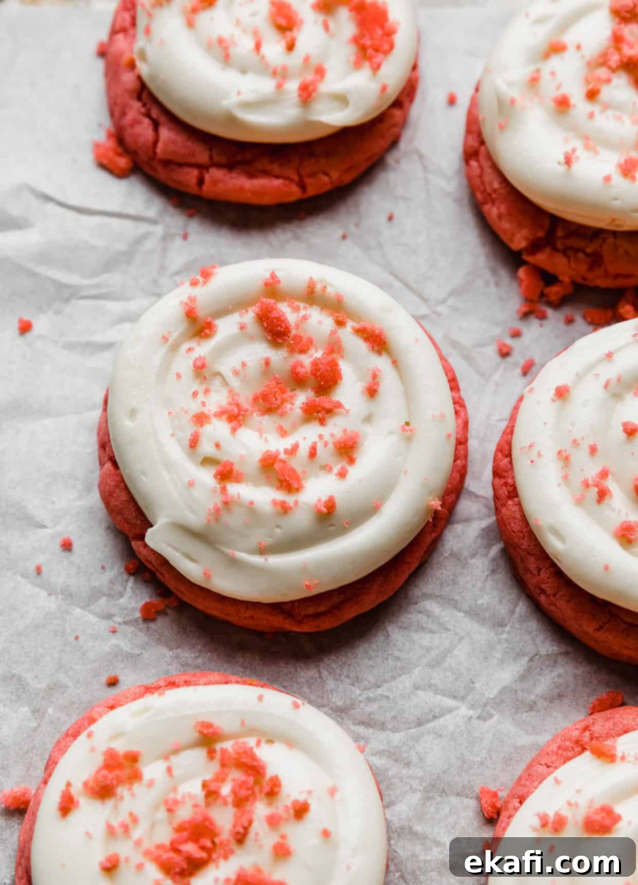 Blush Velvet Crumbl Delights 10 Cream cheese swirled overtop of Pink Velvet Cookies.