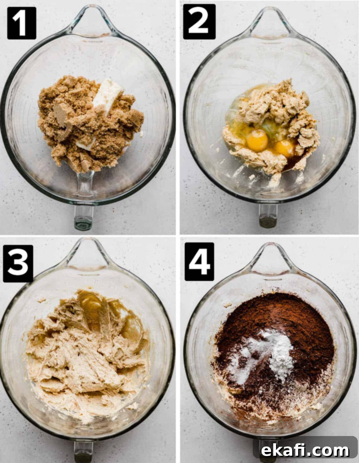 Decadent Andes Mint Chocolate Cookies 4 Four photos showing the making of Chocolate Andes Mint Cookie dough in a glass bowl on a gray background.