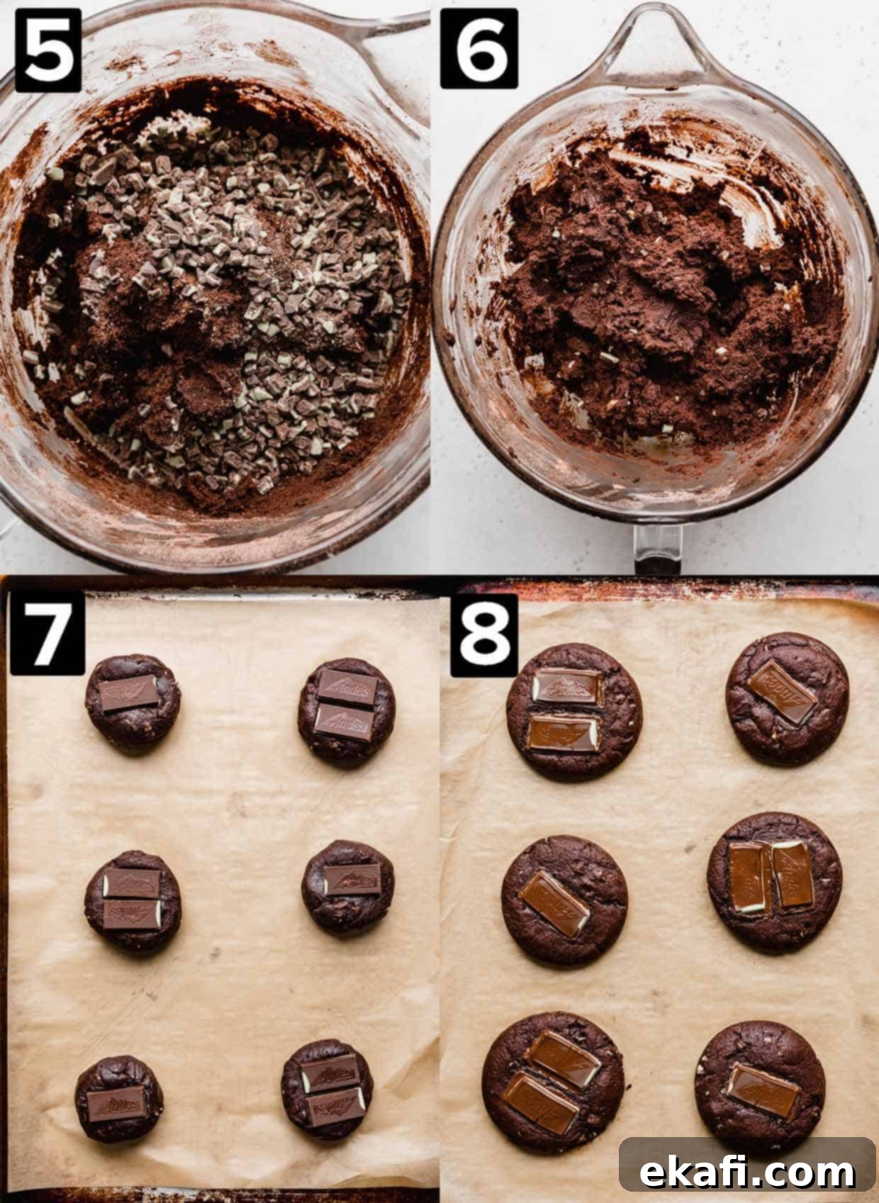 Decadent Andes Mint Chocolate Cookies 5 Chocolate Andes Mint Cookie dough batter in a glass bowl (top two photos), bottom two photos are Chocolate Andes Mint Cookie dough balls on a baking sheet.