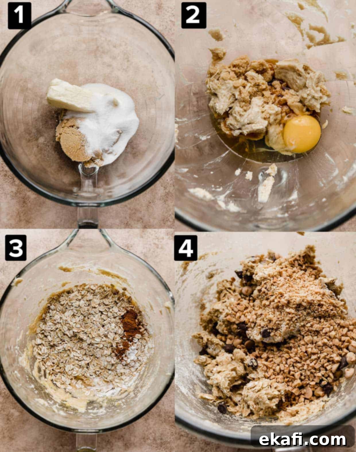 Mom's Secret Crumbl Cookie 4 Four sequential photos illustrating the process of making Crumbl Mom's Recipe Cookies: from preparing the rich, chunky cookie dough in a glass bowl to mixing the final ingredients.