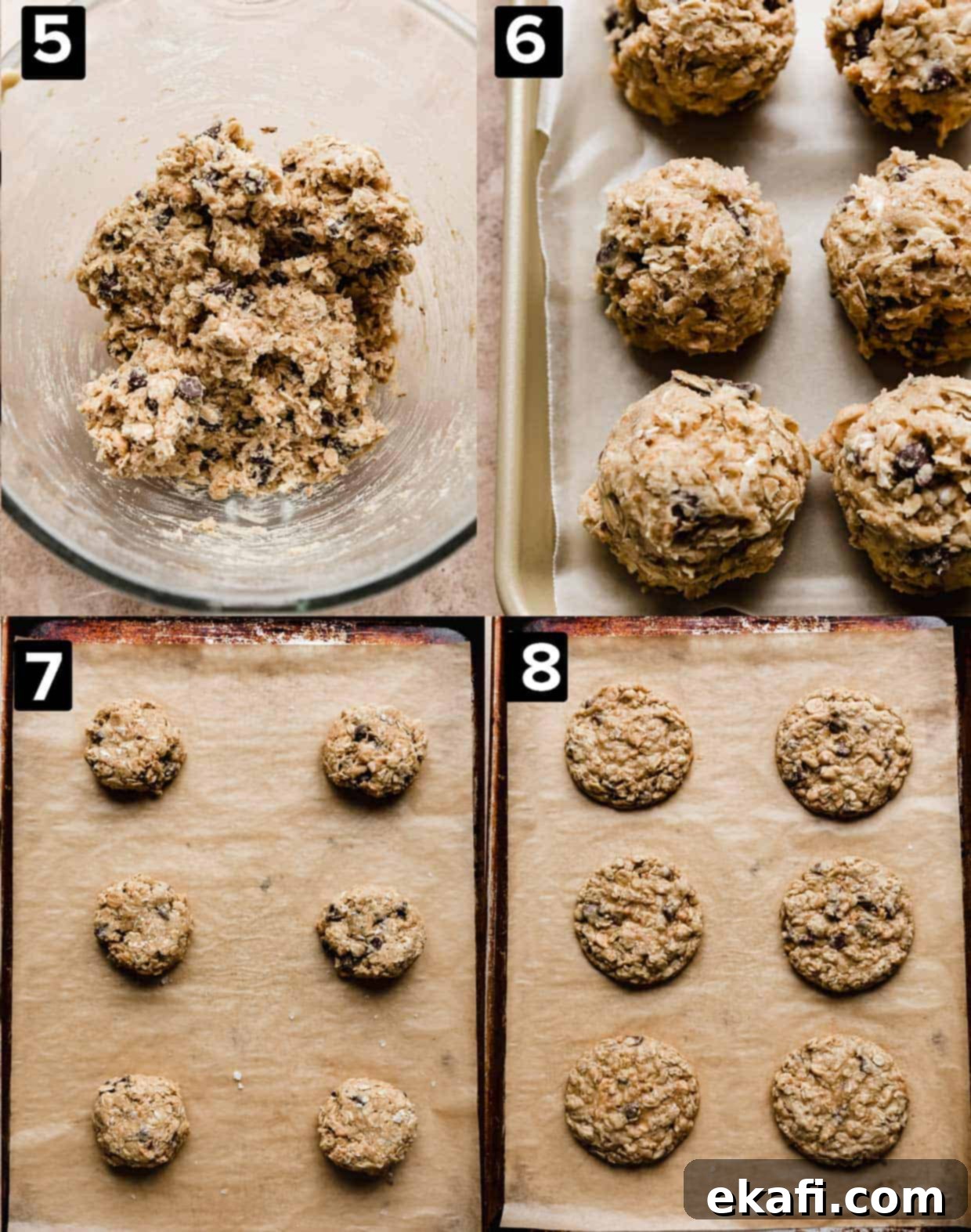 Mom's Secret Crumbl Cookie 5 Two side-by-side photos demonstrating the Crumbl Mom's Recipe cookie baking process: one shows perfectly portioned cookie dough balls on a baking sheet, and the other features the beautifully baked, golden-brown cookies ready for cooling.