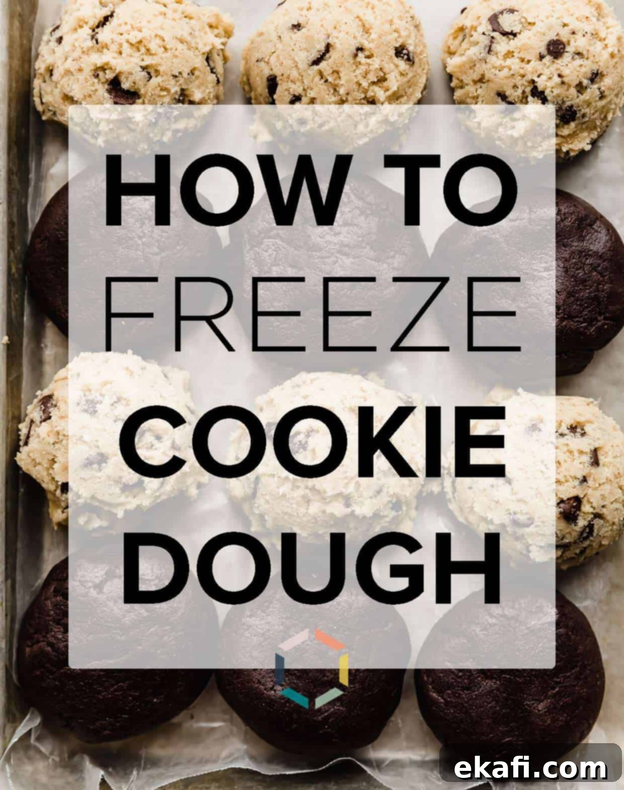 Freeze Cookie Dough for Instant Treats 2 Cookie dough balls lined up on a baking sheet with the words "how to freeze cookie dough" in black text over the photo.