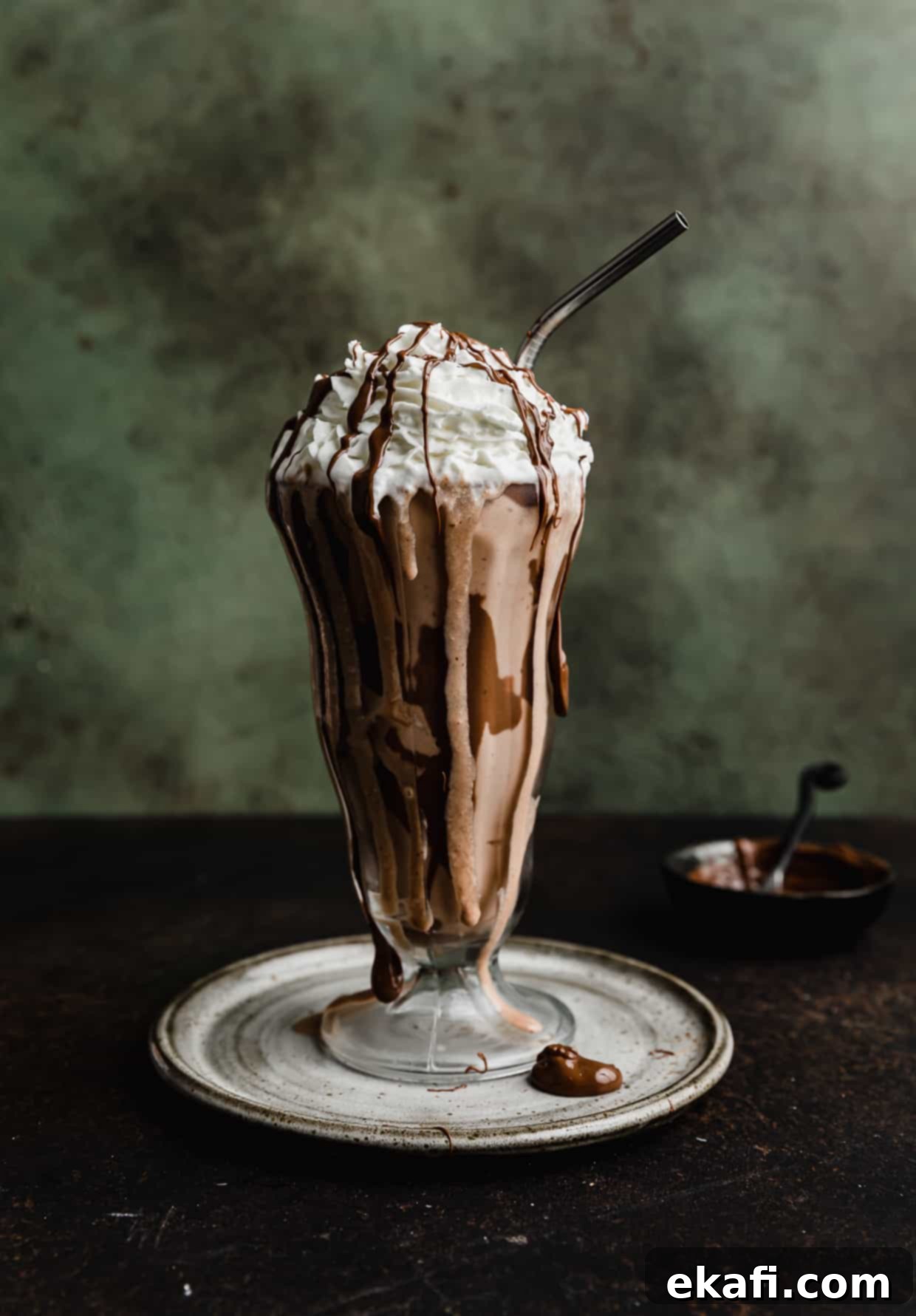 Μιλκσέικ Νουτέλας 6 Ένα γυάλινο ποτήρι με Nutella Milkshake, πάνω σε σκούρο πράσινο ανάγλυφο φόντο.