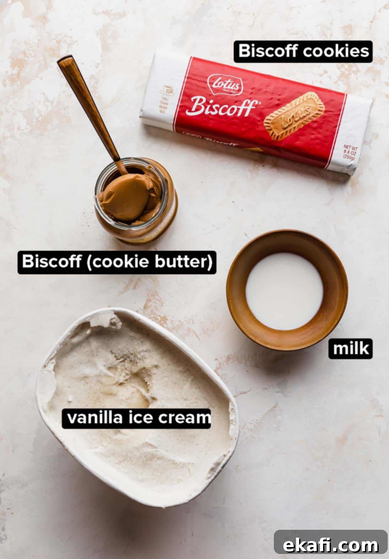 Biscoff Milkshake 3 A perfectly arranged display of Biscoff Milkshake ingredients on a clean white background: a tub of creamy vanilla ice cream, a jar of smooth Biscoff cookie butter, a stack of iconic Lotus Biscoff cookies, and a bottle of fresh milk, all laid out and ready for blending.