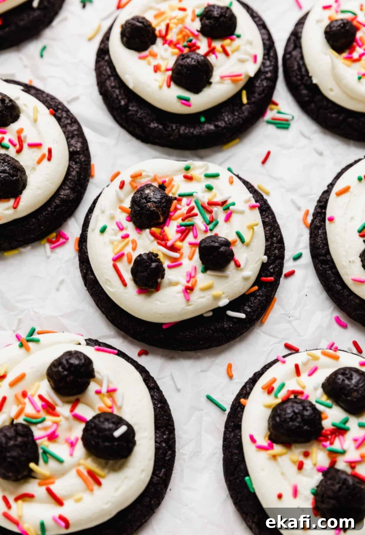 Crumbl Oreo Birthday Cake Cookie Delight 2 Oreo Birthday Cake Cookies topped with a white frosting, colored sprinkles and small Oreo truffles.
