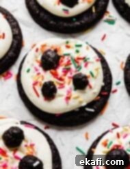 Crumbl Oreo Birthday Cake Cookie Delight 11 Homemade Oreo cookies topped with white cake batter frosting, sprinkles, and Oreo truffles on a white background.