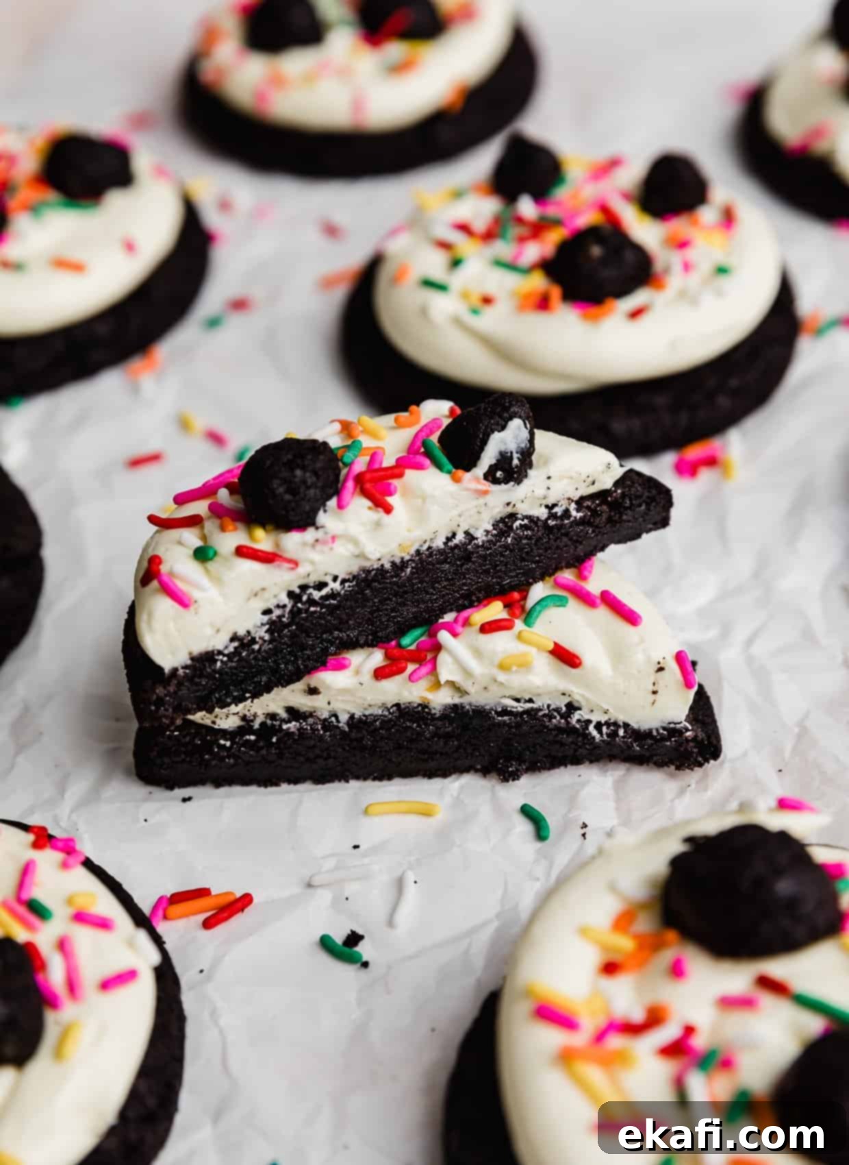 Crumbl Oreo Birthday Cake Cookie Delight 9 Oreo Birthday Cake Cookies topped with white frosting, colorful sprinkles, and oreo truffles.