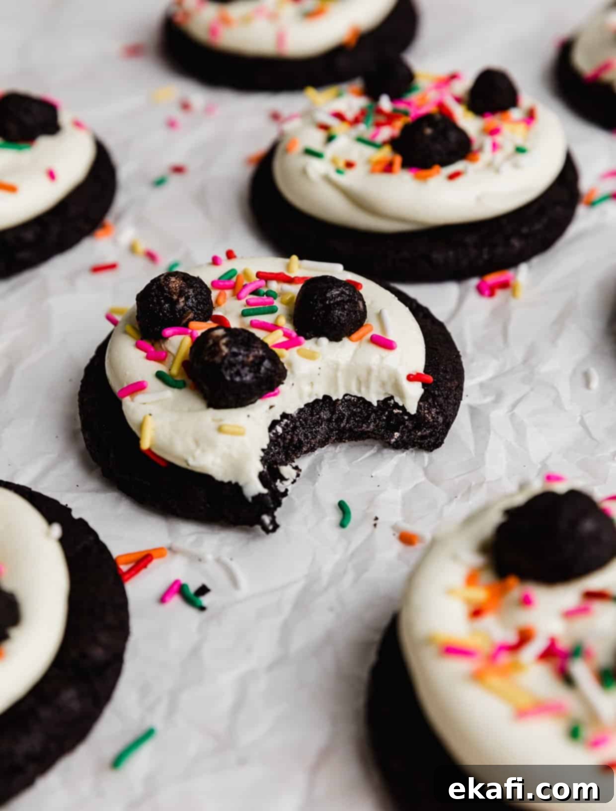 Crumbl Oreo Birthday Cake Cookie Delight 10 A bite taken out of a Oreo Birthday Cake Cookie on a white background.