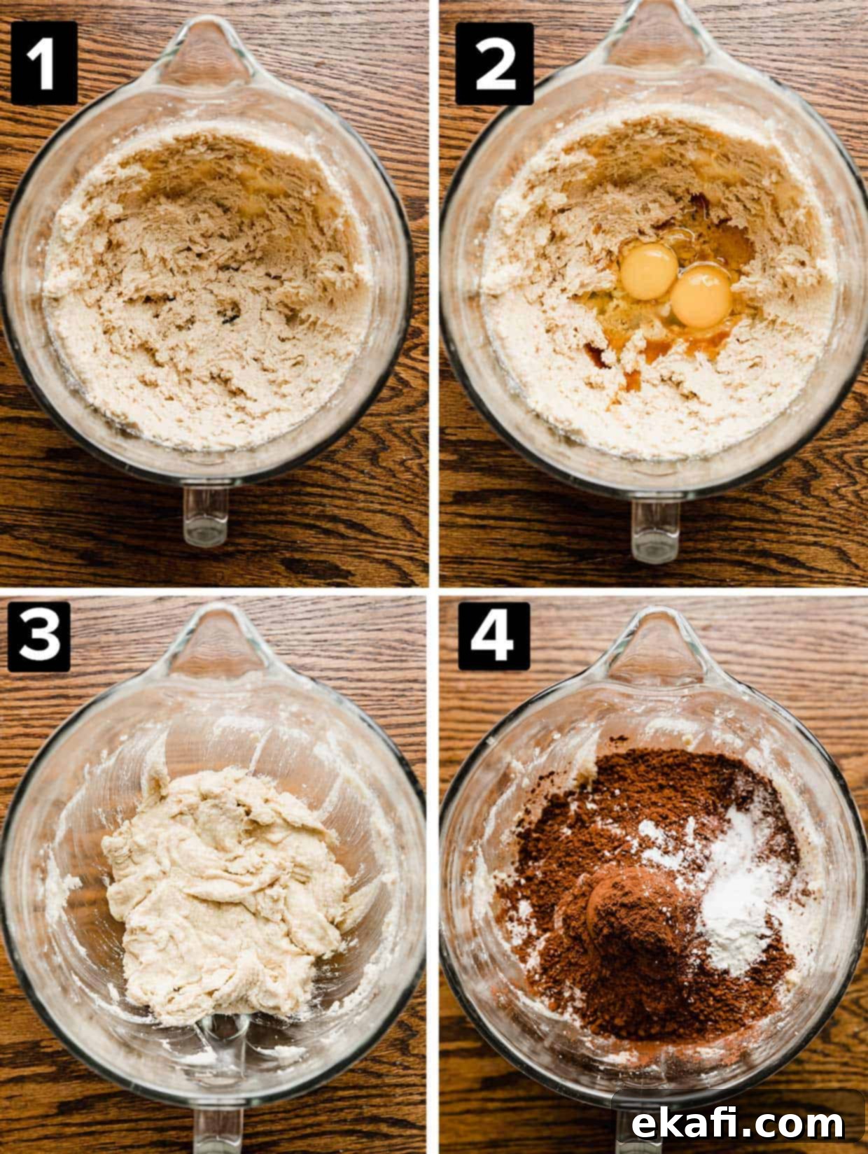 Fudgy Walnut Cookie Brownies 4 Four photos showing how to make Crumbl Walnut Fudge Brownie Cookies, each photo has a glass mixing bowl on a wood background with creamed butter and sugar with the addition of eggs, and dry ingredients.
