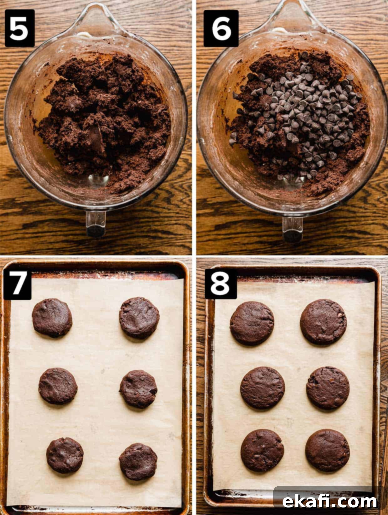 Fudgy Walnut Cookie Brownies 5 Four photos showing the making of copycat Crumbl Walnut Fudge Brownie Cookies, the brown cookie dough, with added chocolate chips, cookie dough balls on a baking sheet, and baked cookies on a baking sheet.