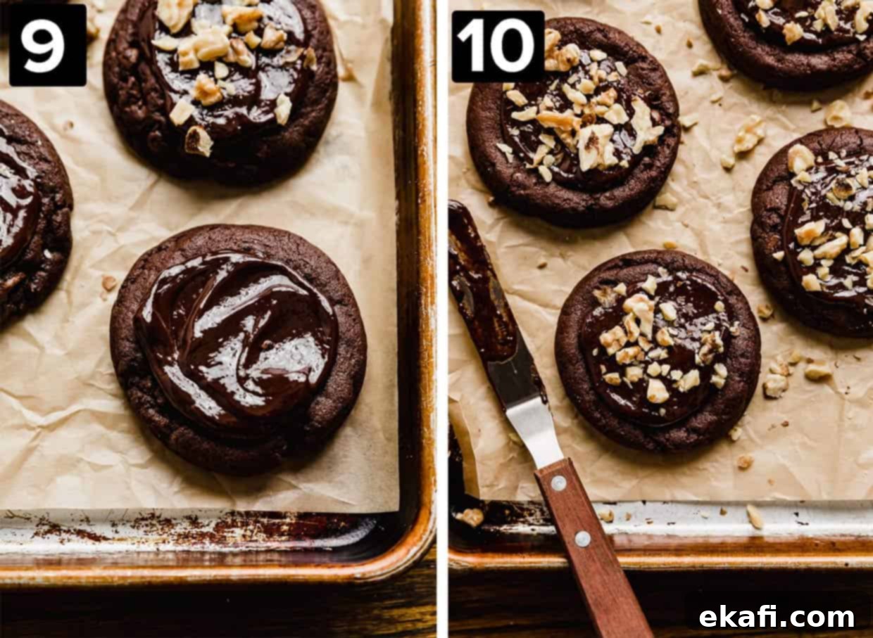 Fudgy Walnut Cookie Brownies 6 Two photos showing Crumbl Walnut Fudge Brownie Cookies, left photo has a thick chocolate ganache over the top of a cookie, then right photos shows chopped walnuts on top of the ganache.