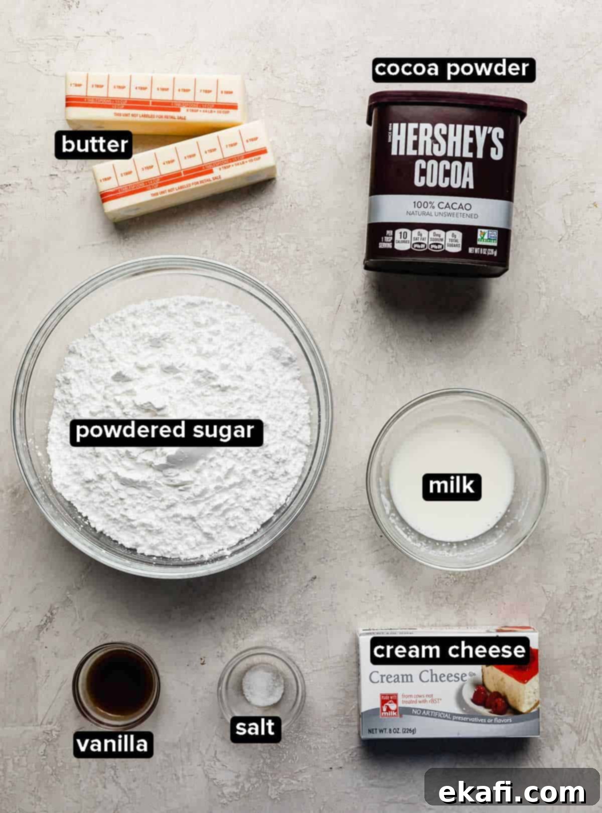 Velvet Chocolate Cream Cheese Cake 4 Chocolate Cream Cheese Frosting ingredients on a light gray background.