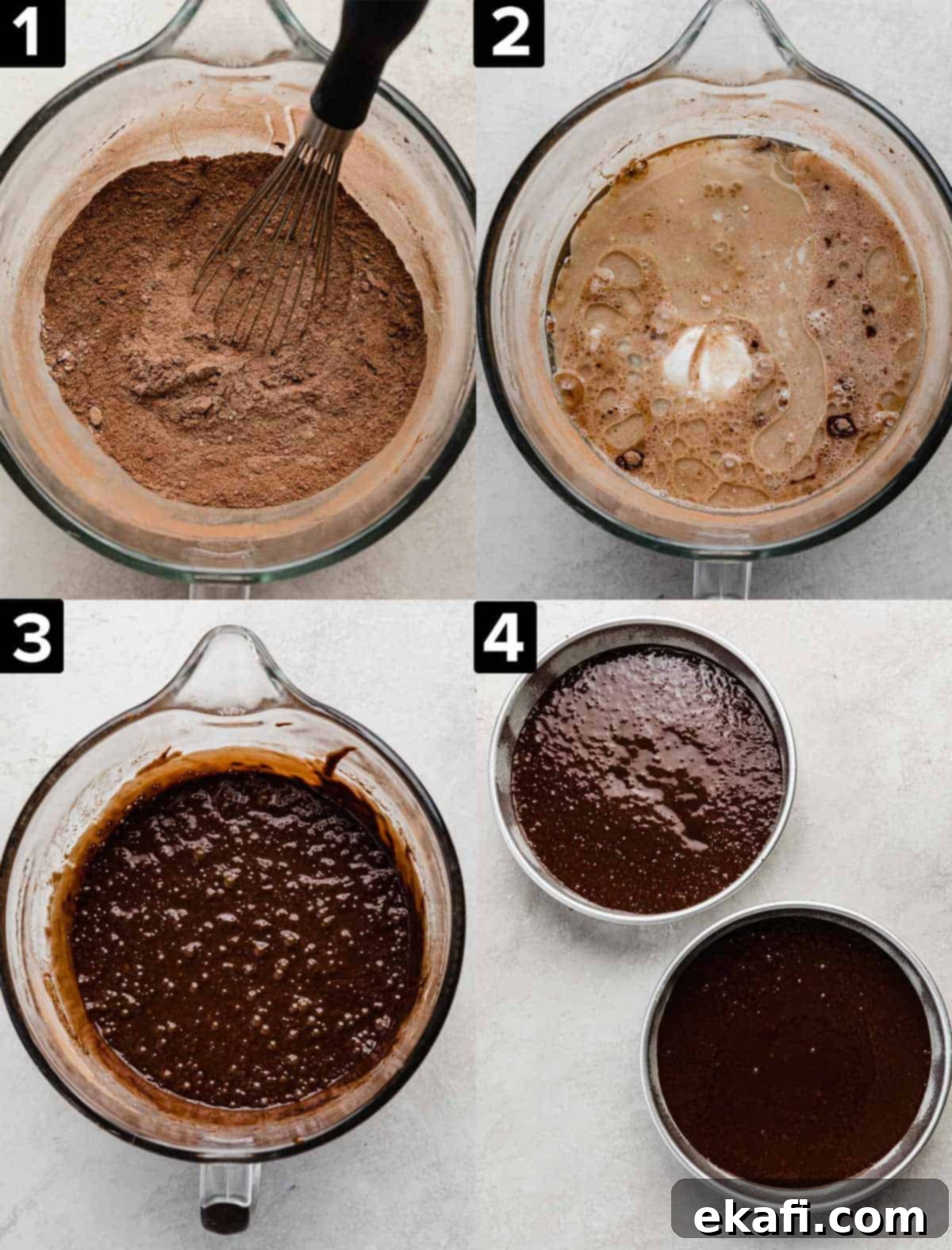 Velvet Chocolate Cream Cheese Cake 5 Four images showing the making of the best chocolate cake being made in a glass bowl.