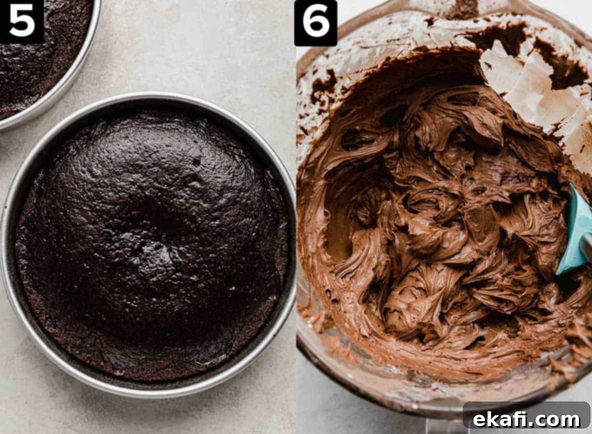 Velvet Chocolate Cream Cheese Cake 6 Two images: left image is a classic chocolate cake in a round cake pan, right image is chocolate cream cheese frosting in a glass bowl.