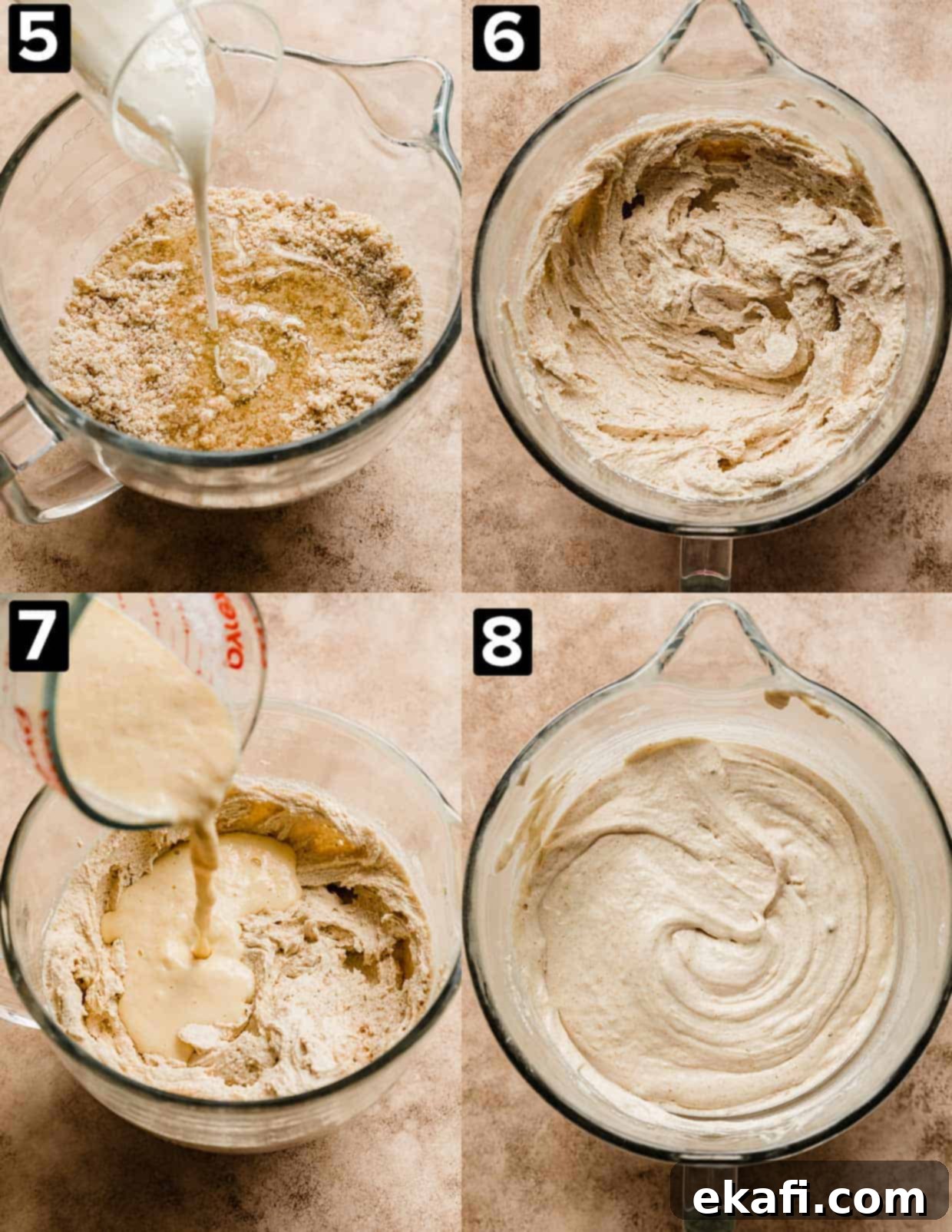 Toasted Butter Bliss 5 Four images showing the making of an easy Brown Butter Cake, a glass bowl with batter in it on a brown background.