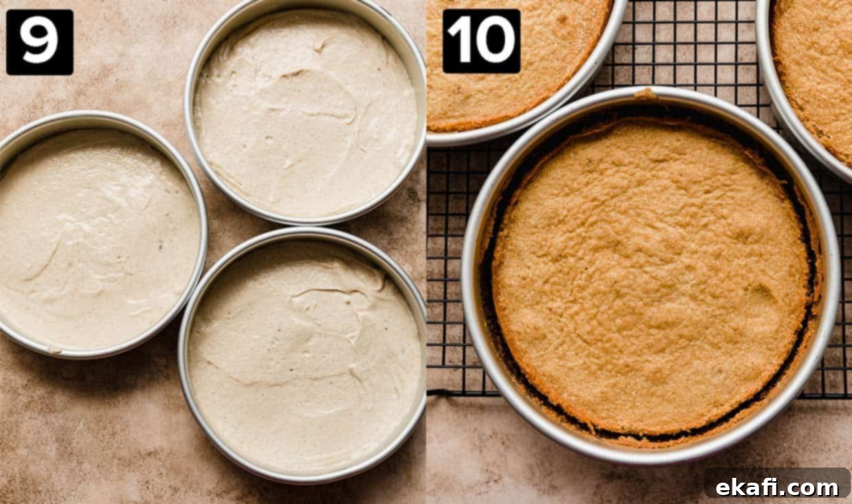 Toasted Butter Bliss 6 Two side by side photos: left has three round cake pans with Brown Butter Cake batter in it, right photo I sa baked Brown Butter Cake in a round cake pan.