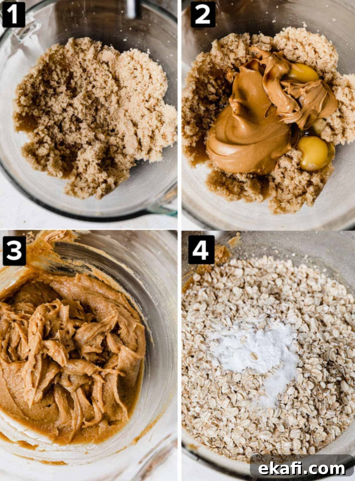 Loaded Chewy Cookies 4 A collage of four images showing the initial stages of making Soft & Chewy Monster Cookies, including creaming butter and sugar, adding peanut butter and eggs, and incorporating oats and baking soda.