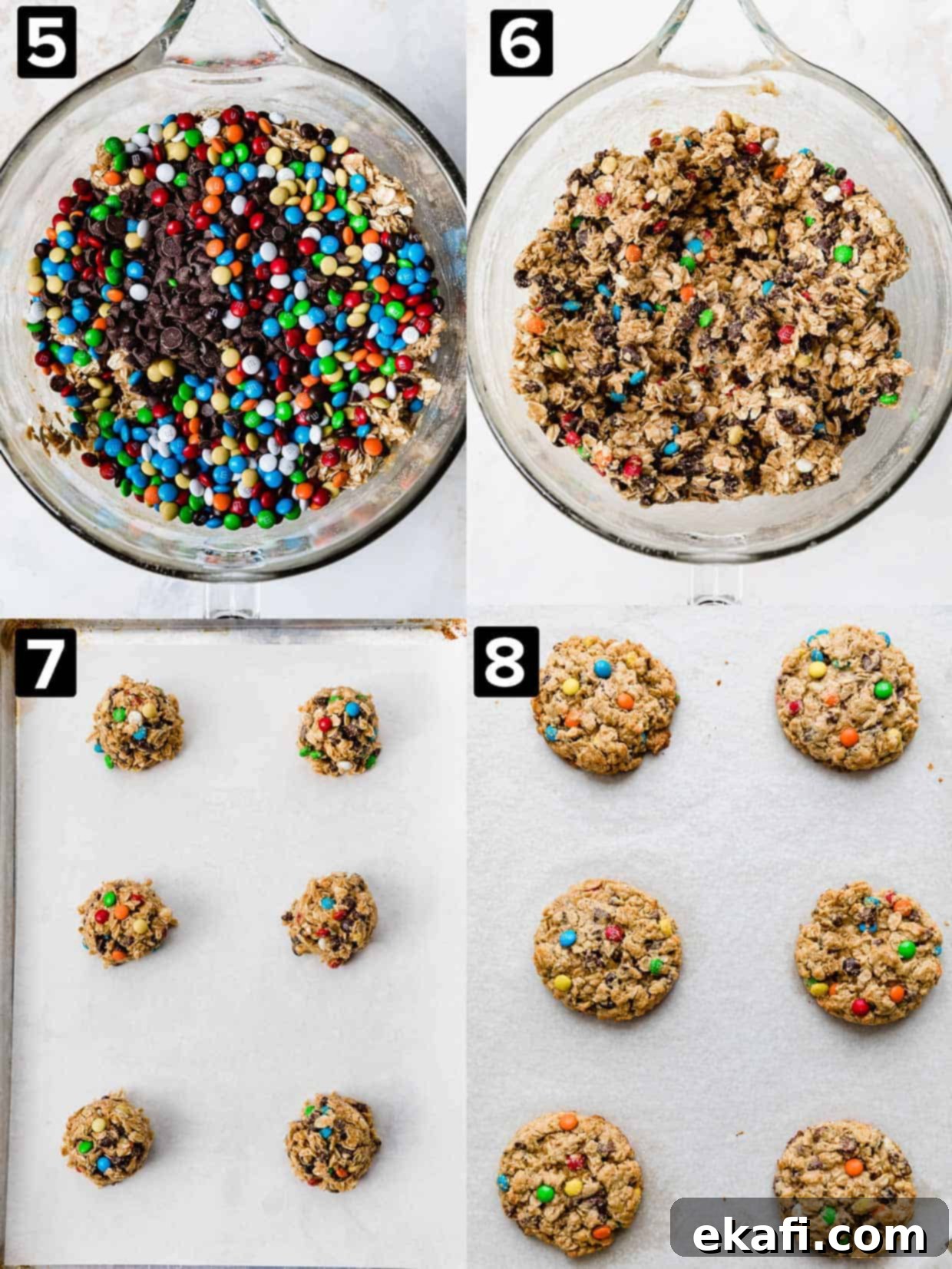 Loaded Chewy Cookies 5 A visual guide showing four stages of making monster cookies: a bowl of M&M's, mixed cookie dough, unbaked cookie dough balls on a baking sheet, and the final baked monster cookies.