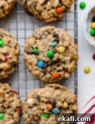 Loaded Chewy Cookies 8 The best monster cookies, freshly baked and adorned with colorful mini M&M's, revealing their hearty rolled oats. A true visual treat.