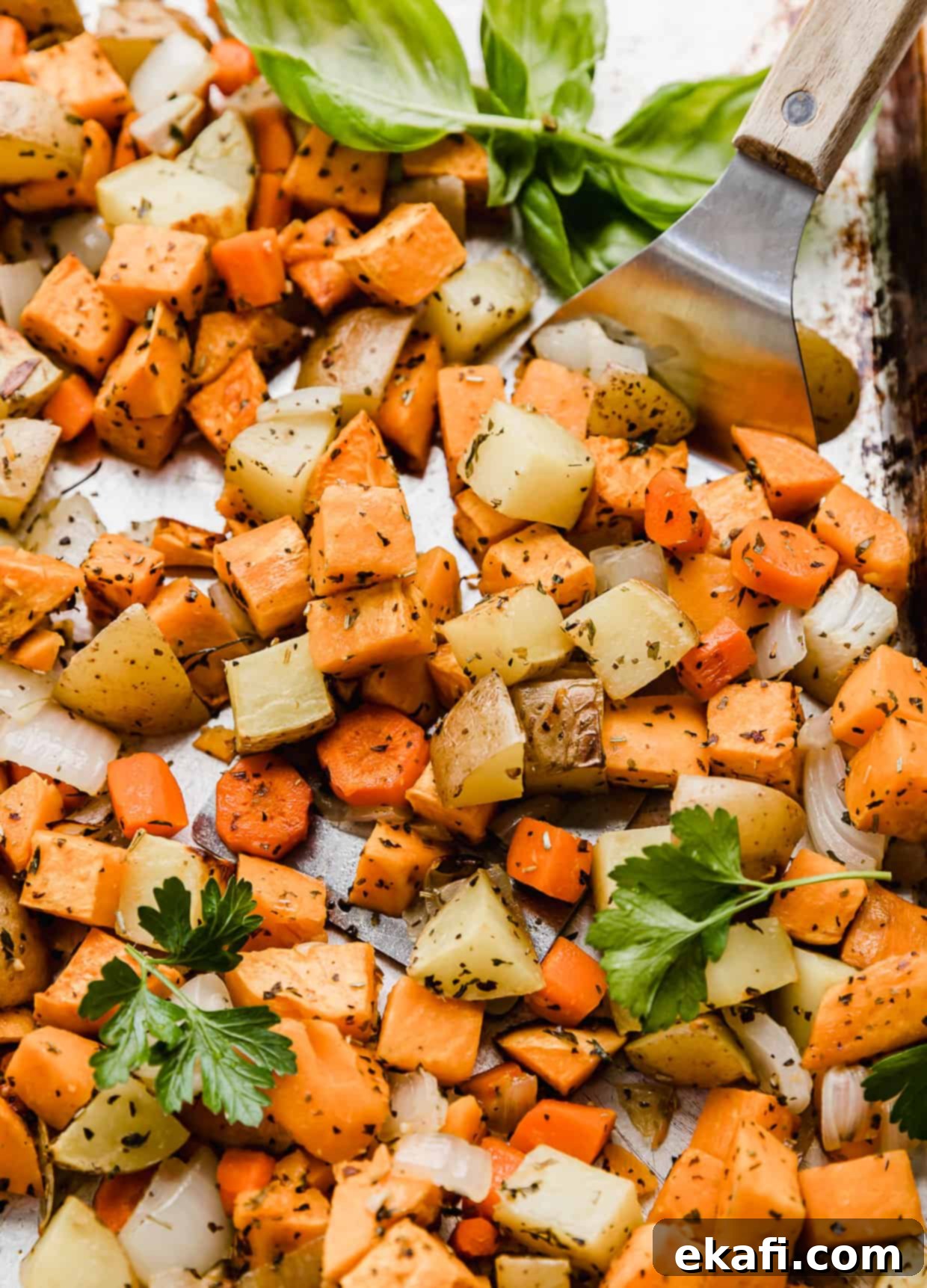 Easy Sheet Pan Root Roast 6 Easy roasted fall vegetables on a baking sheet.
