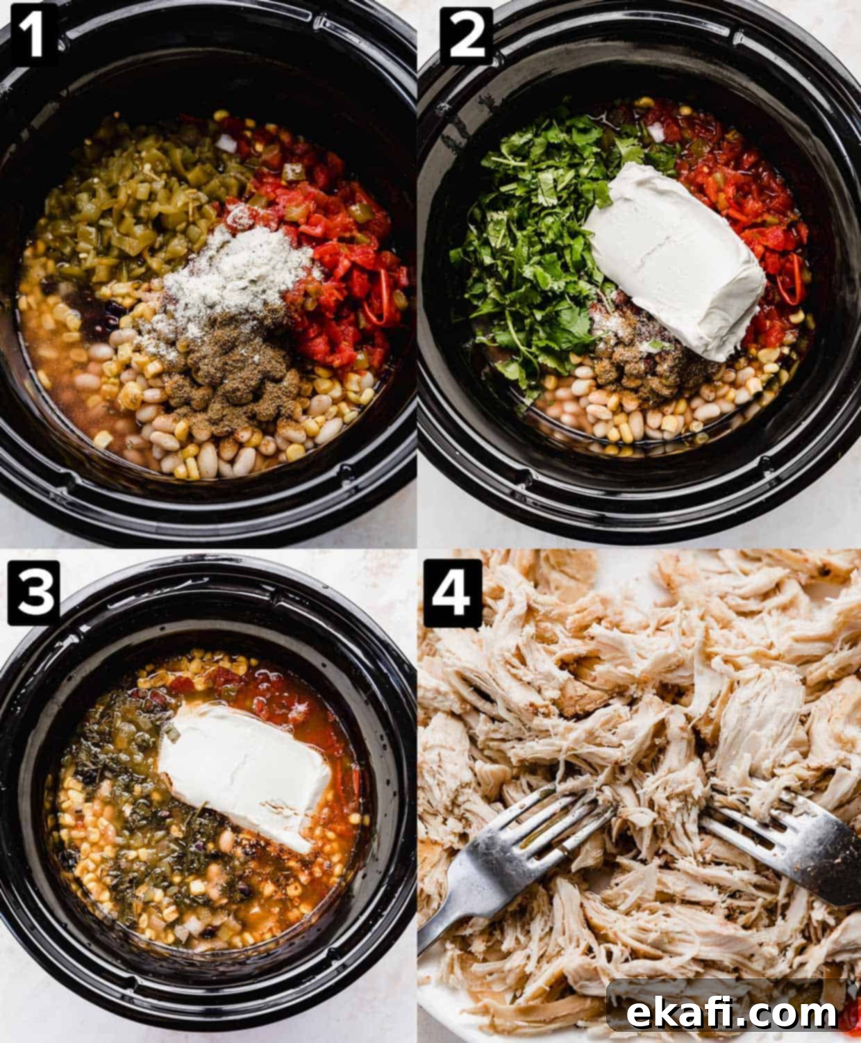 Dreamy Cream Cheese Chicken Chili 4 Four images showing a black slow cooker with Crock Pot Cream Cheese Chicken Chili ingredients inside before cooking, and the bottom right photo shows two forks shredding cooked chicken.