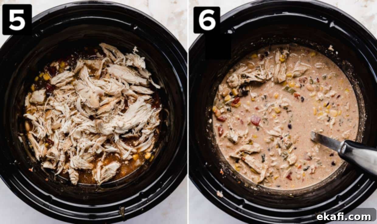 Dreamy Cream Cheese Chicken Chili 5 Two photos side by side: left shows shredded chicken mixed into the black crock pot, and the right photo shows the creamy finished chicken chili in the crock pot.