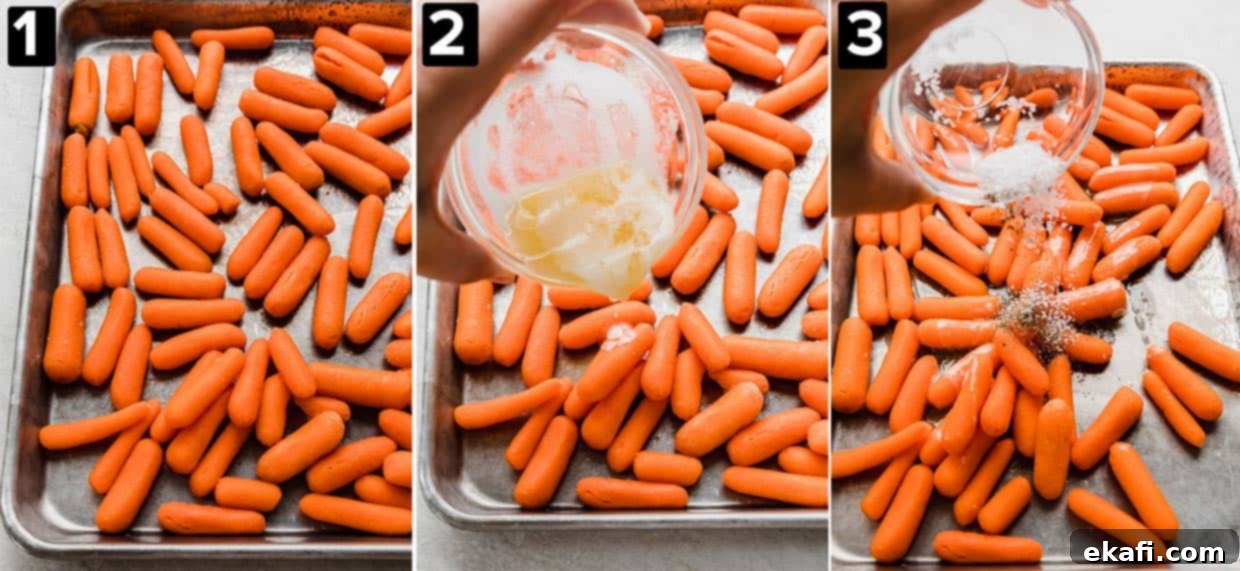 Caramelized Baby Carrots 4 Three images showing the making of Roasted Baby Carrots on a baking sheet: baby carrots, butter poured overtop, and salt and pepper sprinkled overtop.