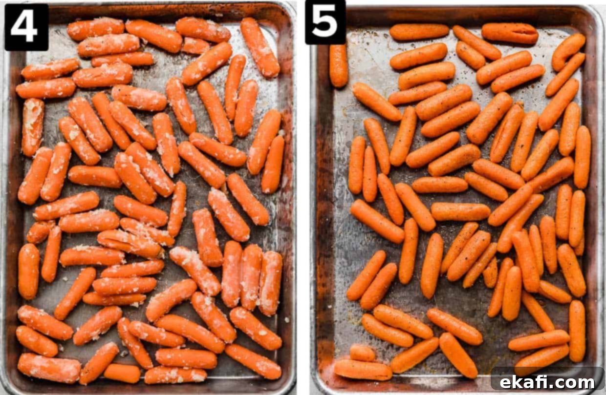 Caramelized Baby Carrots 5 Two images, left image has butter coated baby carrots on a baking sheet, right image shows Roasted Baby Carrots on a baking sheet.