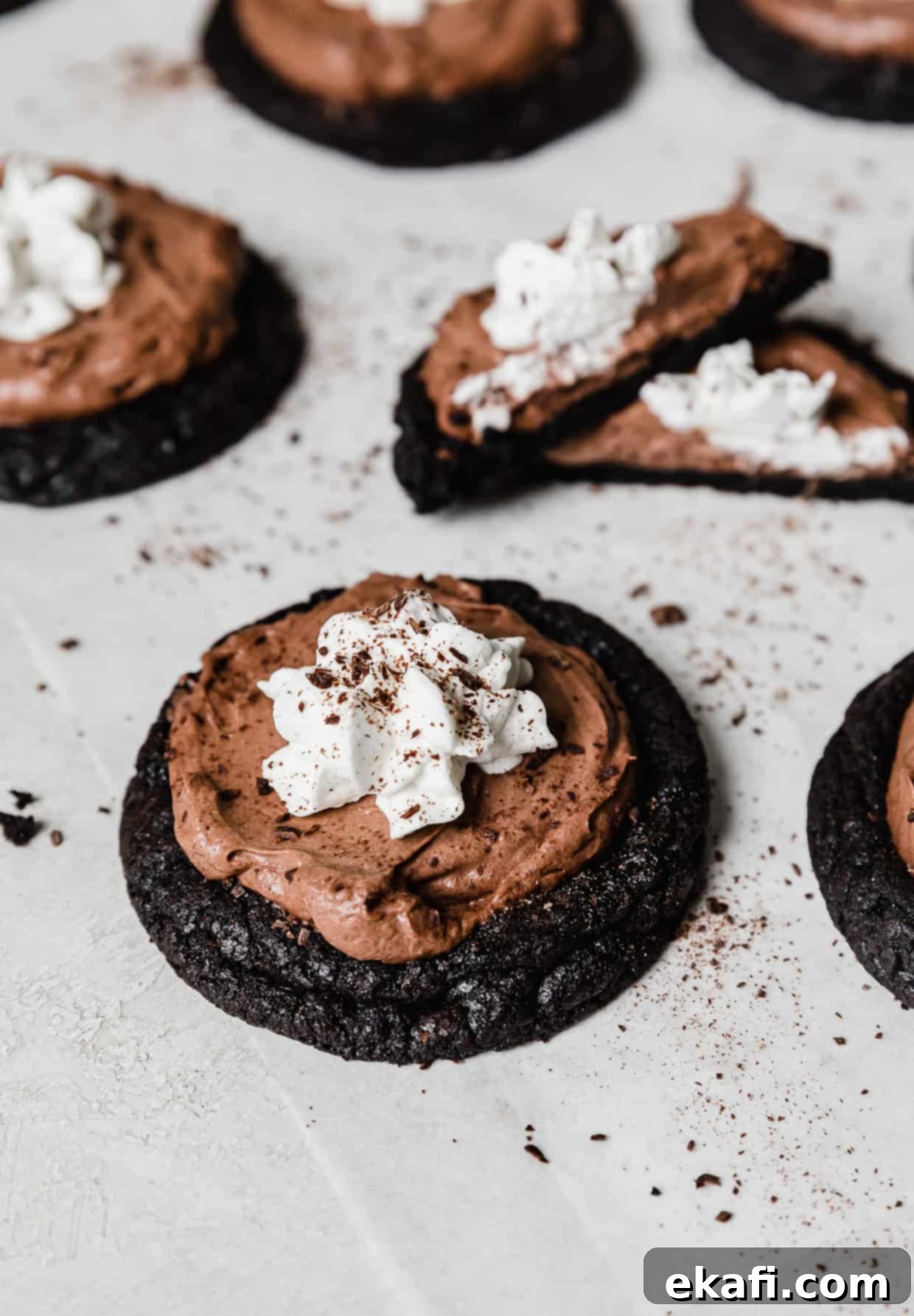 Decadent French Silk Pie Cookies 2 An oreo cookie base topped with a chocolate mousse and whipped topping to look like a French Silk Pie Cookie.