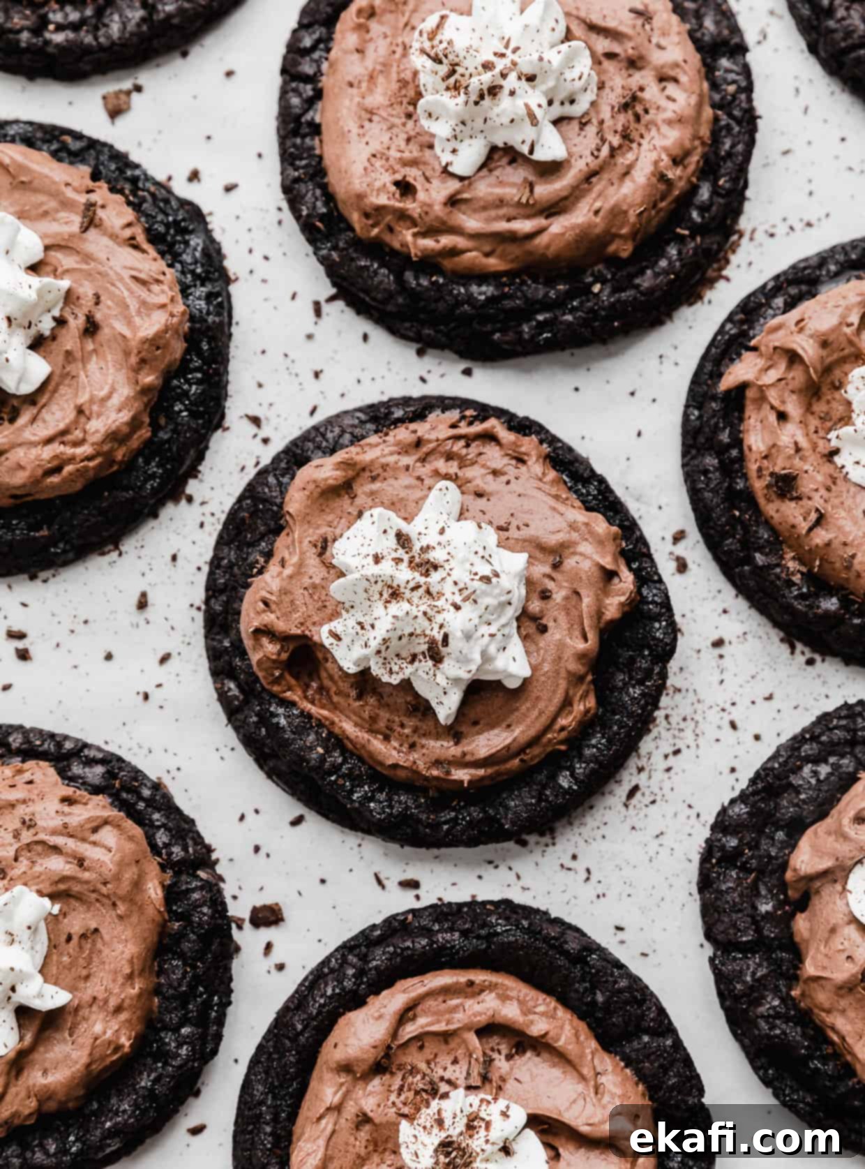 Decadent French Silk Pie Cookies 11 French Silk Pie Cookies: Oreo cookie base topped with chocolate mousse, whipped cream, and chocolate shavings.
